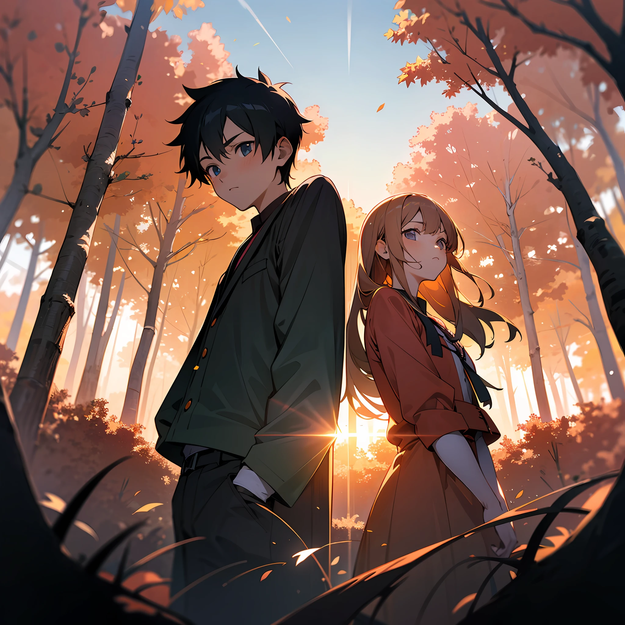 Masterpiece, anime 4k, 1boy and 1 girl, looking to the sky, perspective, in the forest, fall season, sunset, --auto