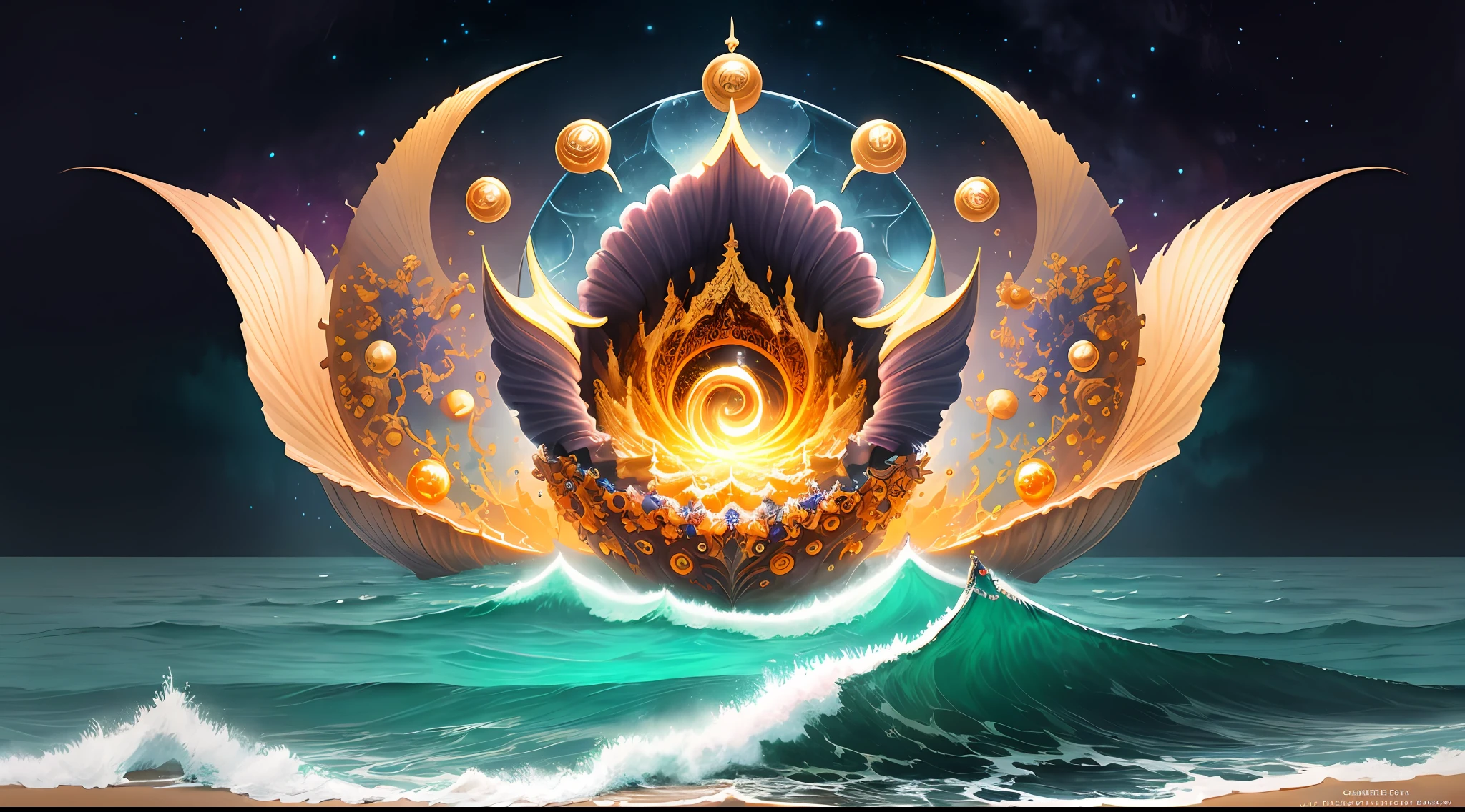 "Create a masterpiece of beautiful "giant ocean twisted Mandelbrot fractal shell, golden pearl nacre" with ultra-detailed concept art inspired. Unleash your inner Cu73Cre4ture programmer with the power of steady diffusion and bring your imagination to life! ", high detail, 8k