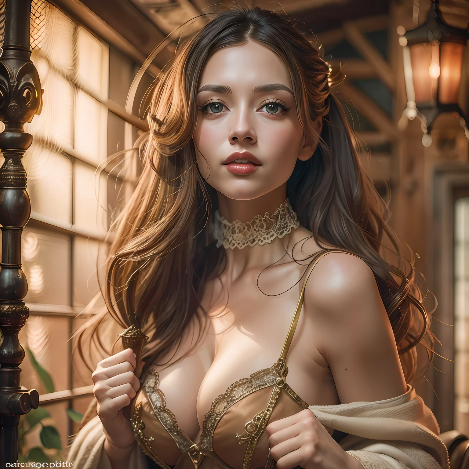beautiful ginger women in detailed dress at cozy detailed house, air above hair, IPA award wining, masterpiece, best lighting, art by Artgerm