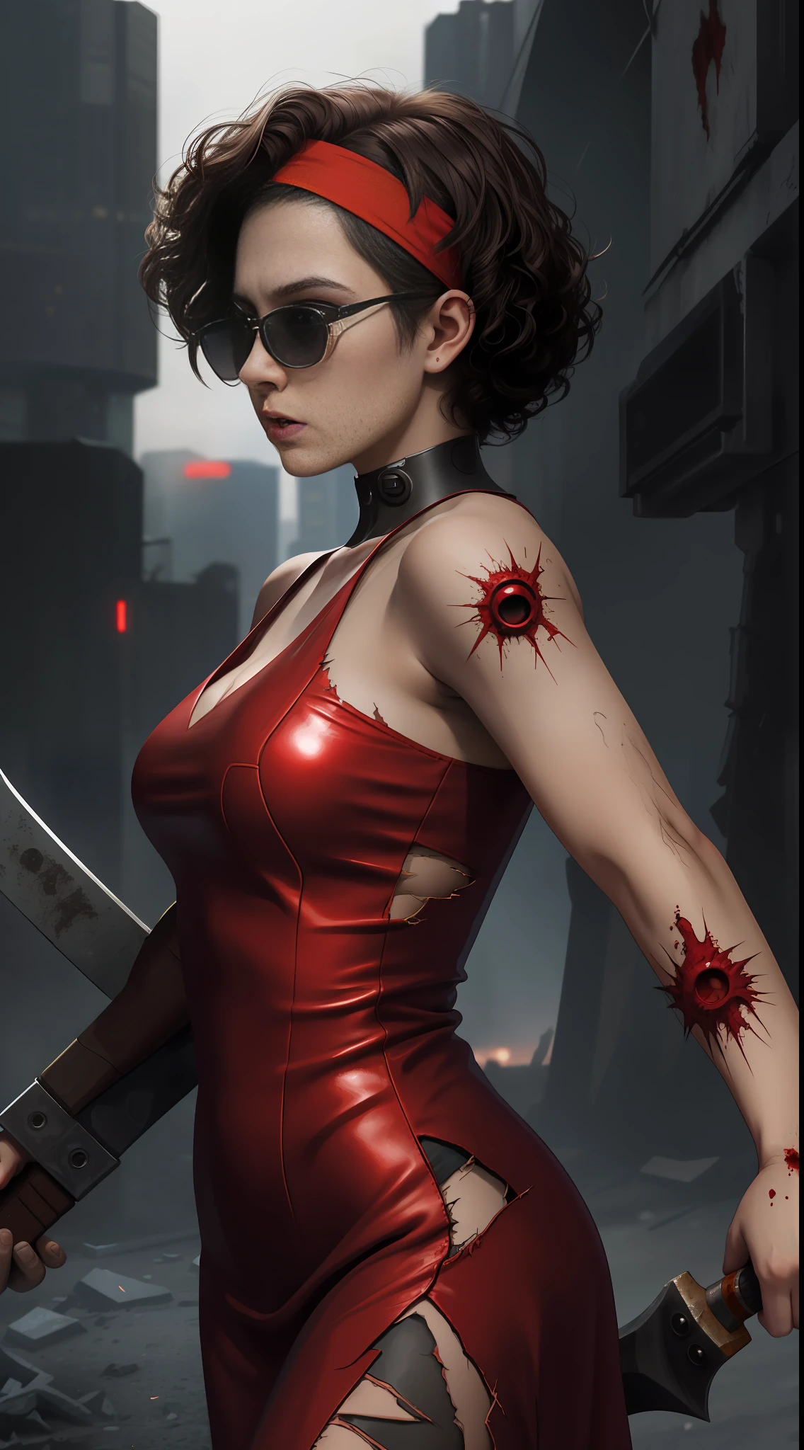 18 year old girl brunette mexican short curly hair,headband with sunglasses,evil expression,bottom to top angle,front angle,long and torn red dress,holding an axe with her hands,cyberpunk style night, surrounded by various zombies,8k ultra realistic, dark style