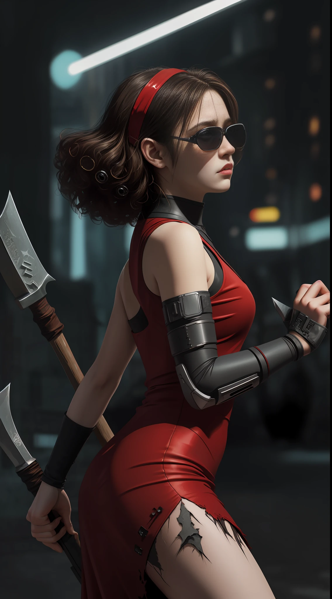 18 year old girl brunette mexican short curly hair,headband with sunglasses,evil expression,bottom to top angle,front angle,long and torn red dress,holding an axe with her hands,cyberpunk style night, surrounded by various zombies,8k ultra realistic, dark style
