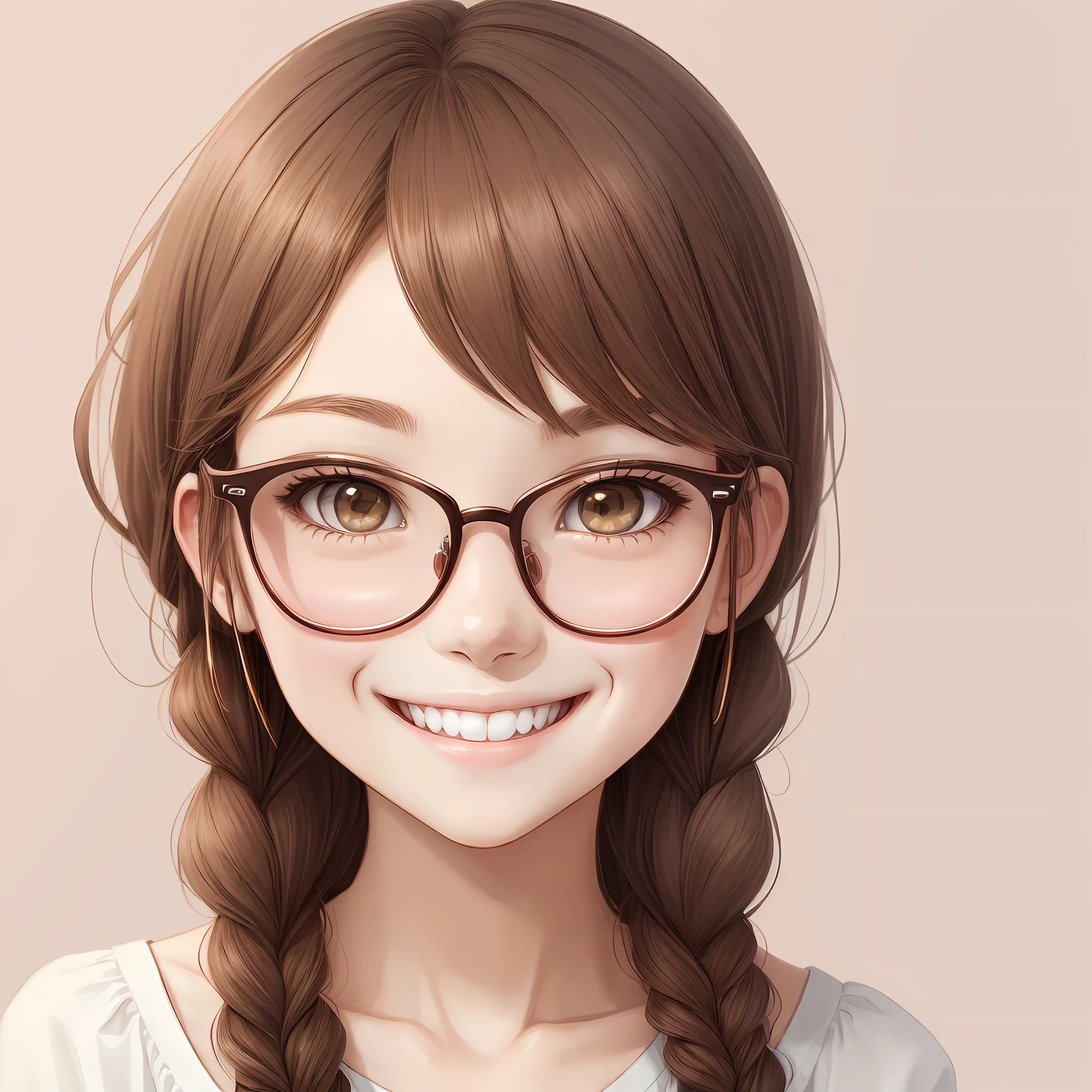 cute style anime drawing, portrait of the face of a thin girl with very large brown eyes and huge glasses, long brown hair with two braids, thin nose and big smile, teeth with pink elastics, kawaii