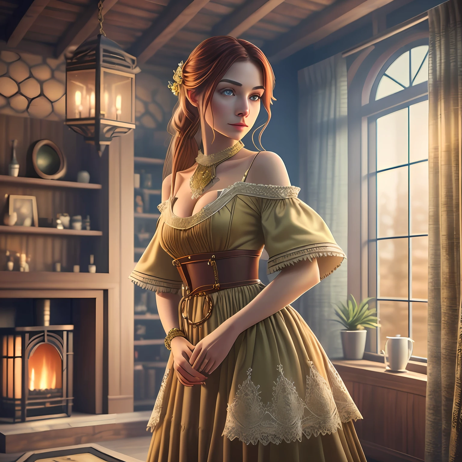 beautiful ginger women in detailed dress at cozy detailed house, air above hair, IPA award wining, masterpiece, best lighting, art by top cgi 10 artists