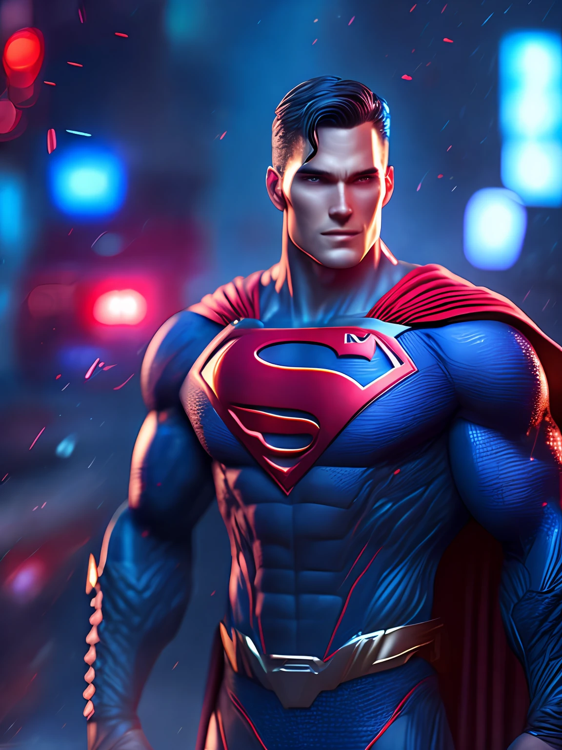 Portrait, DC superman, serious look, full growth, hyper-realistic, insane little details, extremely clean lines, masterpiece presented in Zbrush Central, cyberpunk, award-winning photo, bokeh, neon lights, dark night, heavy rain, bright city lights