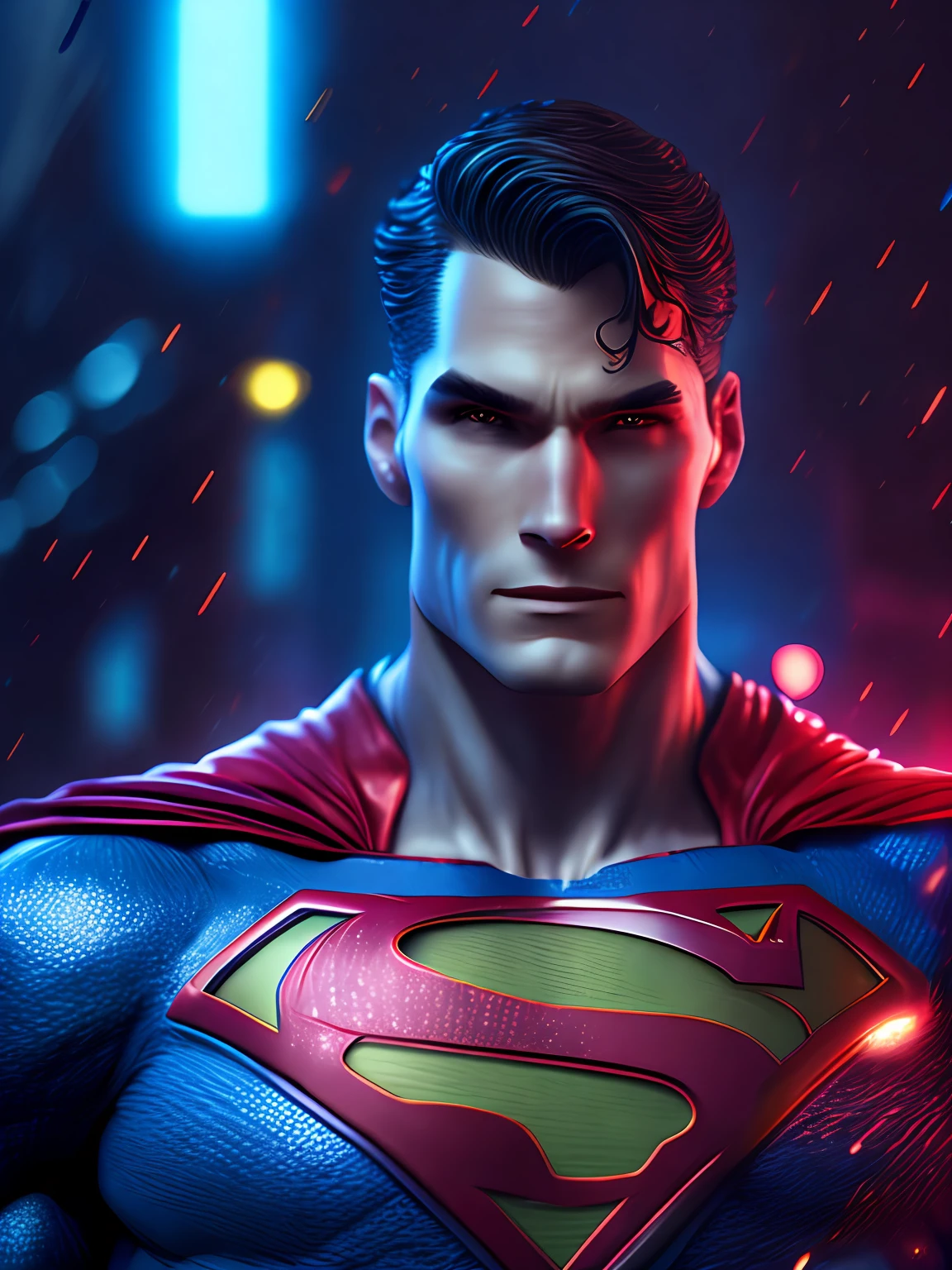 Portrait, DC superman, serious look, full growth, hyper-realistic, insane little details, extremely clean lines, masterpiece presented in Zbrush Central, cyberpunk, award-winning photo, bokeh, neon lights, dark night, heavy rain, bright city lights