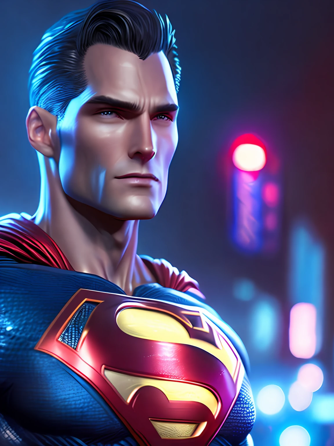 Portrait, DC superman, serious look, full growth, hyper-realistic, insane little details, extremely clean lines, masterpiece presented in Zbrush Central, cyberpunk, award-winning photo, bokeh, neon lights, dark night, heavy rain, bright city lights