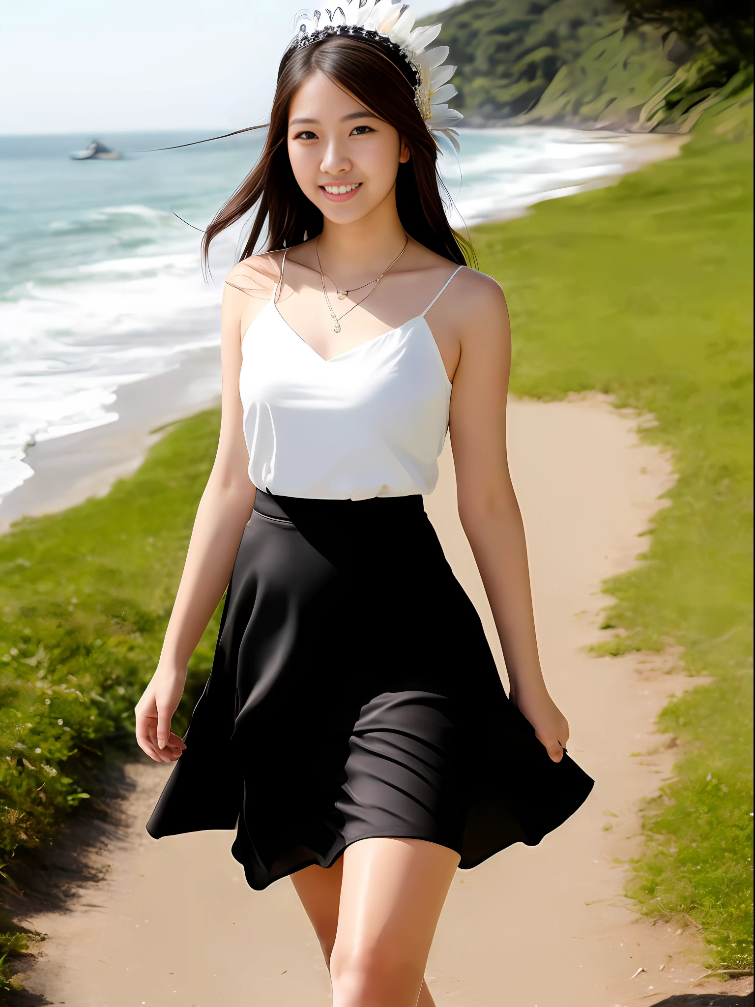 (RAW photo, best quality), (realistic, realistic), (extremely delicate and beautiful), one ((teen)) from Asia, brown hair, (25 years old), well-proportioned, (beautiful smiling face, looking at the sky, fair skin, thin waist), (wearing a sexy skirt, white stockings, high heels) ((black bow headdress, tight dress)), beautiful and detailed description of the eyes (charming eyes, seductive breath), plump body, sexy and charming pose, charming presence, detailed background (extremely detailed 8K wallpaper, walking by the sea), (portrait photography style, natural sunlight, charming atmosphere, upper body),