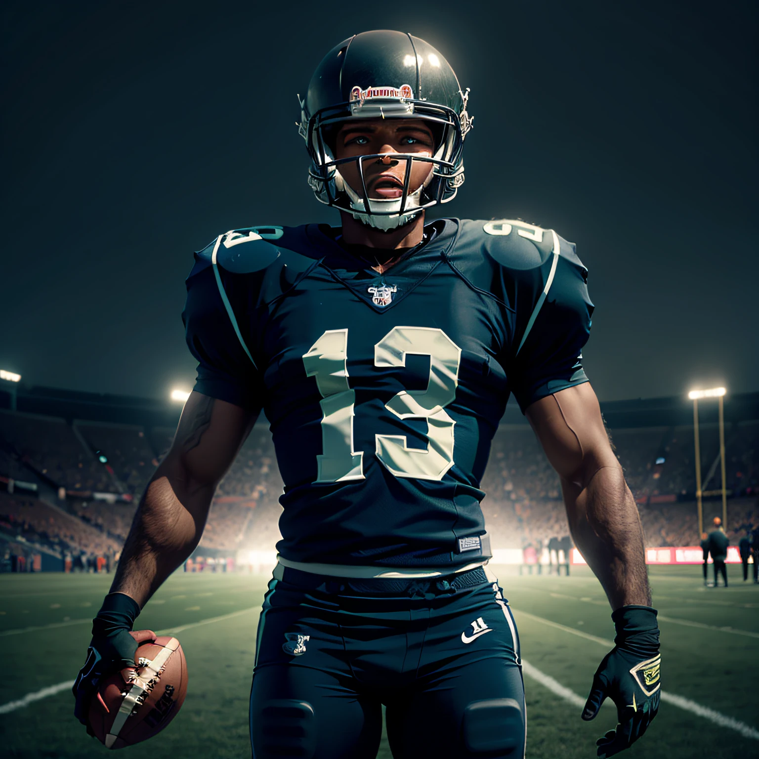 black football player, in a dark environment, blue light illuminating --auto