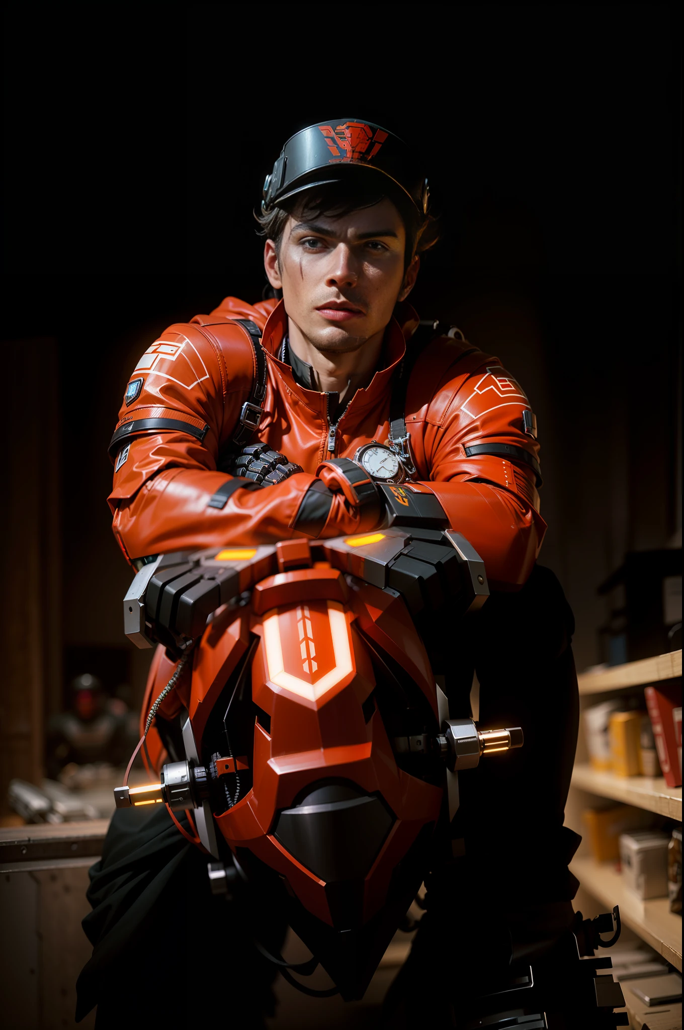 Handsome young full body red mech Cyber Handsome Warrior, high-tech mechanical black peaked cap, Nousr, biomechanics, MSHN robot man, high-tech helmet, surreal, steel, intricate design, crazy details, fine details, extremely clear lines, cinematic lighting, photo realisticity, detailed masterpiece