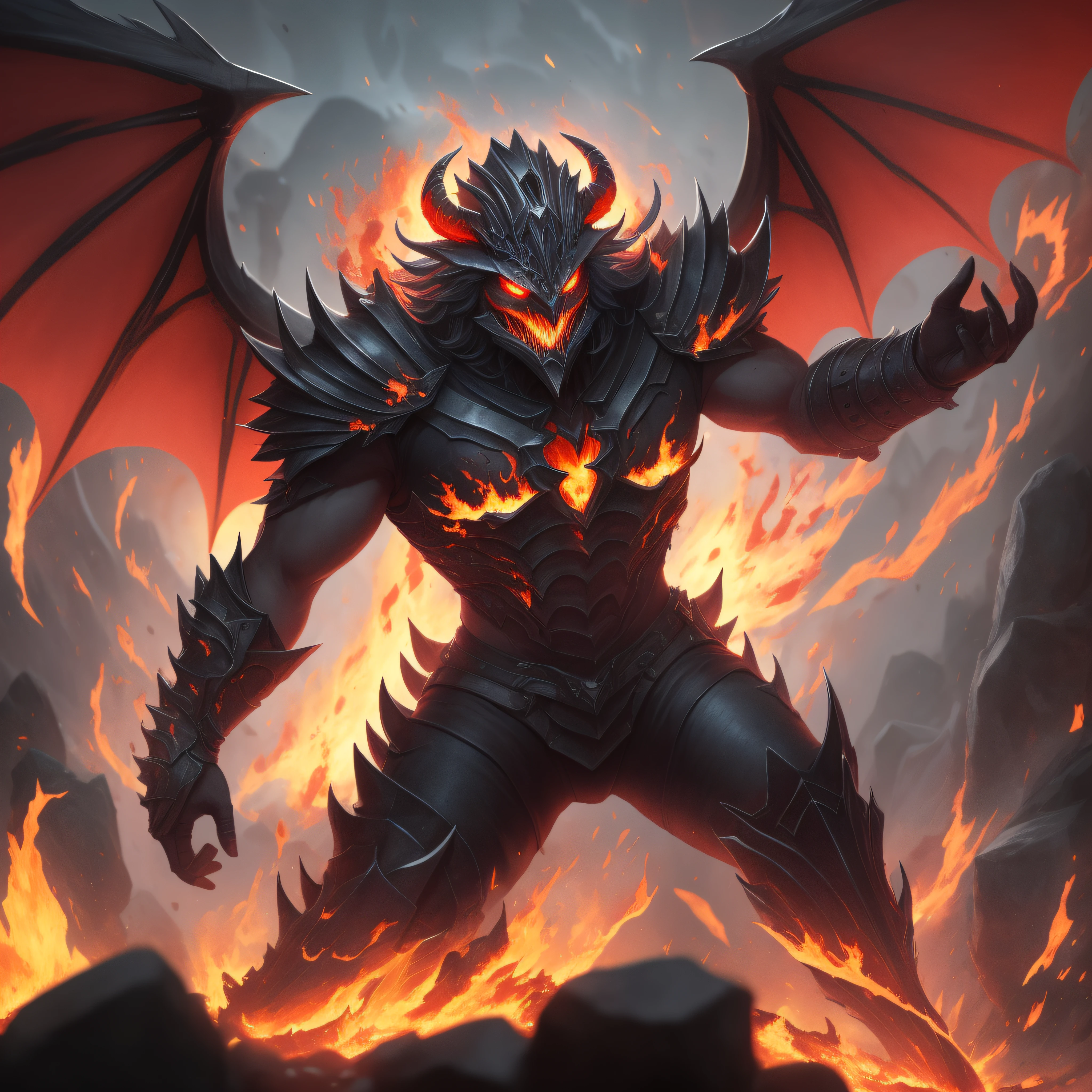 (masterpiece:1.2), (best quality:1.2)Vexath is another of the five main demons in the new RPG, a fiery and hellish being who personifies fire and suffering. He is portrayed as an imposing figure, with an intimidating presence and an air of desolation around him. Its form is shrouded in flames that crackle and dance, emanating intense heat and an incandescent red glow. Vexath's appearance is grotesque and distorted. His body is covered in black, charred armor, appearing to have been fused to his demonic forms. Constant flames emerge from the cracks in the armor plates, creating an effect of living, burning flames. Its head is crowned by curved and twisted horns, which jut upwards, shrouded in fire. His eyes are deep and cavernous, glowing with a malevolent and incandescent energy. A mouth full of sharp teeth and flaming tongue completes Vexath's fierce appearance. Vexath's wings are large, membranous, similar to those of a dragon, composed of a burnt bone structure and covered by a flaming scaly skin. These wings are capable of generating bursts of fire and extreme heat, allowing Vexath to move nimbly across the battlefield. In his drawing, Vexath is depicted in the midst of a hellish environment, with burning rocks and rivers of lava flowing around him. He is in a confrontational posture, ready to unleash his fiery fury on any adversary. Their hands end in sharp claws that can conjure up bursts of fire and launch destructive flames. Vexath's drawing conveys an aura of destruction and despair, capturing its essence as the Burning Torment. Its presence in the RPG promises fiery challenges and epic confrontations, pitting players against one of the game's most fearsome demons.
