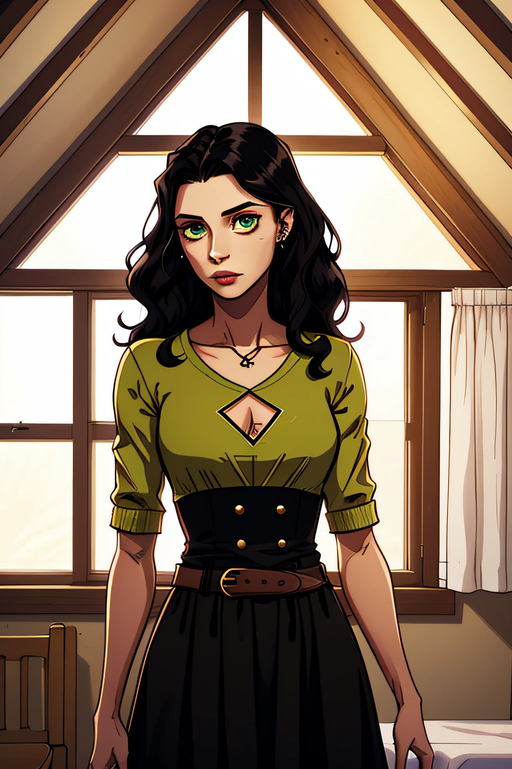 Morgana has small, greenish eyes, she is mulatto, tall, thin, with wavy black hair that reaches almost at the waist.  Morgana lived with her eyes pierced at the small window in the attic.