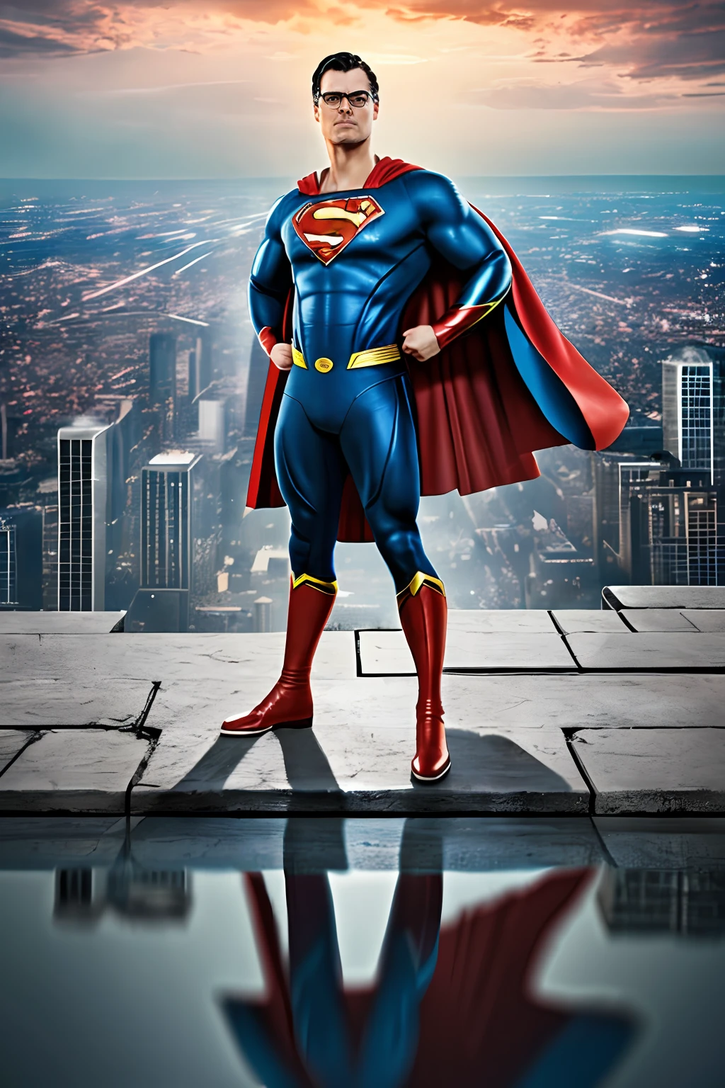 GuttonerdVision4, a 3--old  wearing glasses, detailed skin, detailed face, pores, whole body in the scene, wearing Superman's uniform in the center of the image posing for the photographer. The outfit is detailed with its logo on its chest and red cape fluttering its back. The outfit is from the movie "Man of steel". The man is standing in mid-air with his cloak fluttering, having the city below him blurry. The lighting is cinematic, and the scene very detailed in UHD. Photorealism is the trend of this award-winning photography.