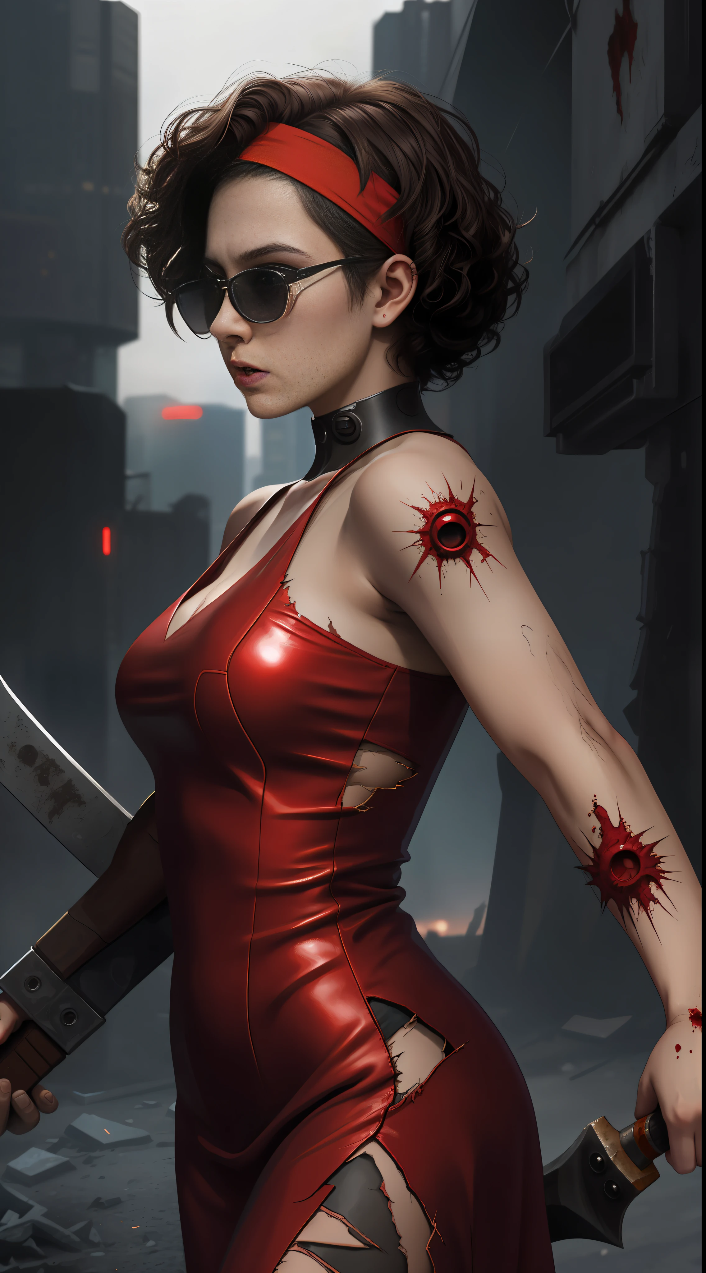 18 year old girl brunette mexican short curly hair,headband with sunglasses,evil expression,bottom to top angle,front angle,long and torn red dress,holding an axe with her hands,cyberpunk style night, surrounded by various zombies,8k ultra realistic, dark style