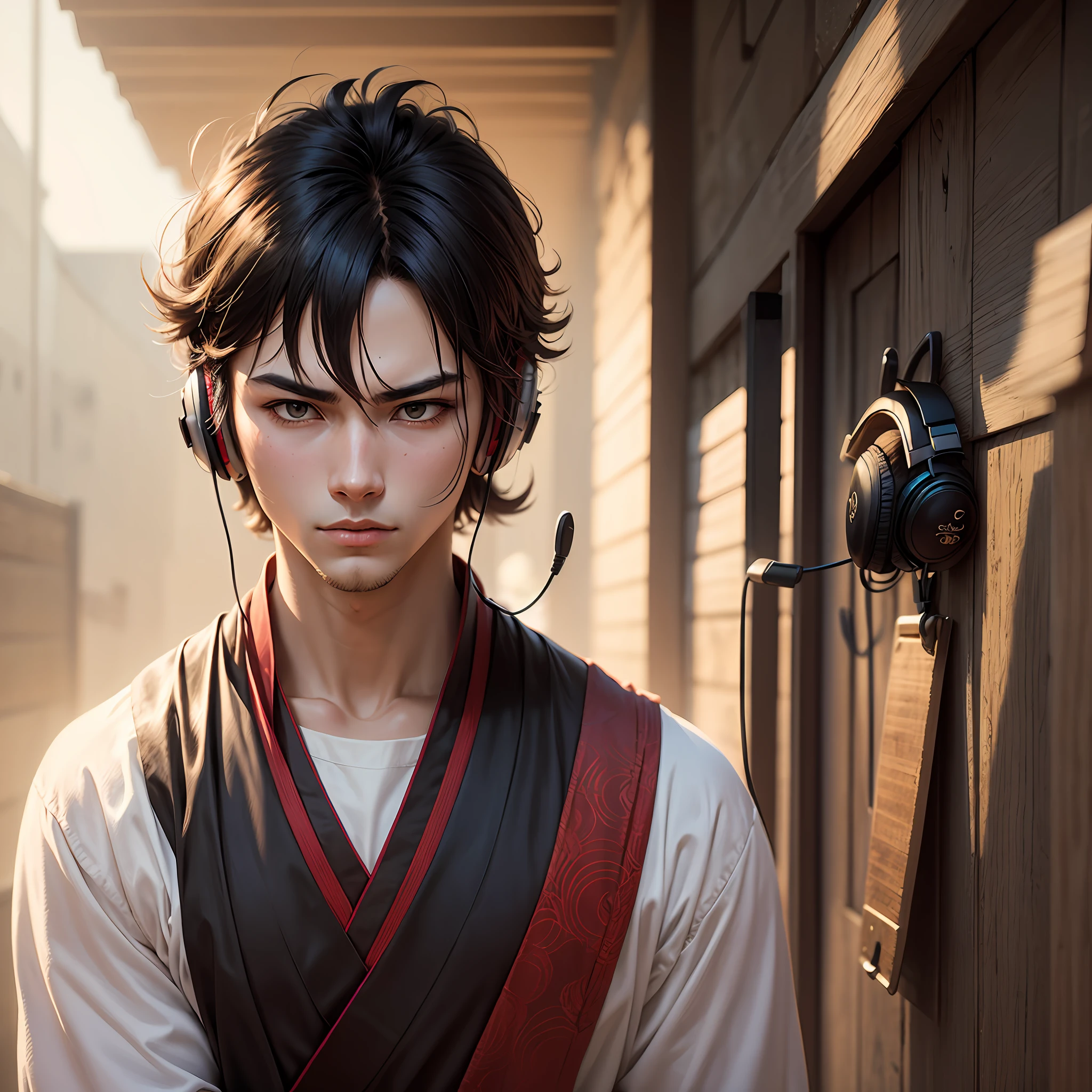 Create an image of a young man listening to samurai-style music, epic anime --auto