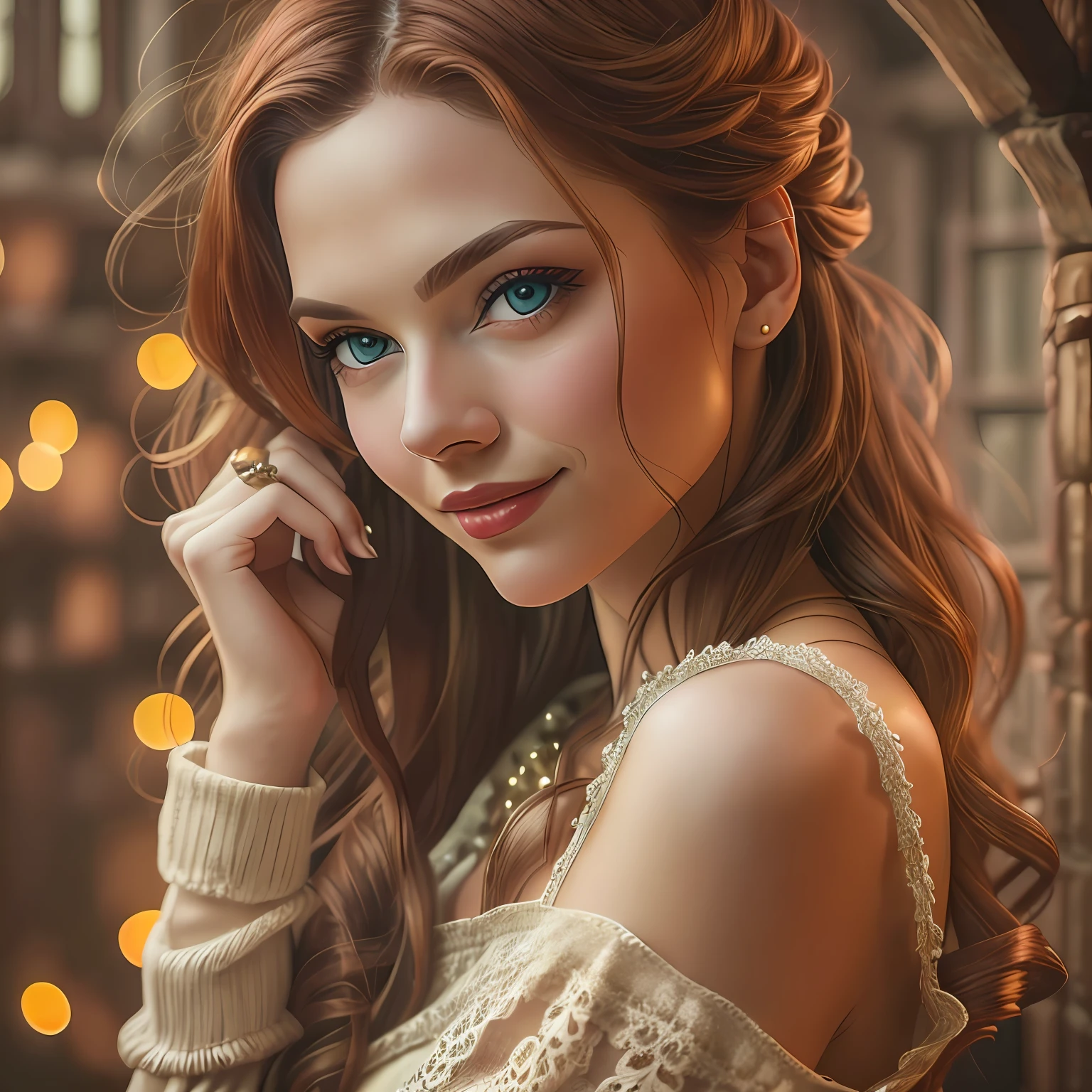 beautiful ginger women in detailed dress at cozy detailed house, air above hair, IPA award wining, masterpiece, best lighting, art by top 10 photographers