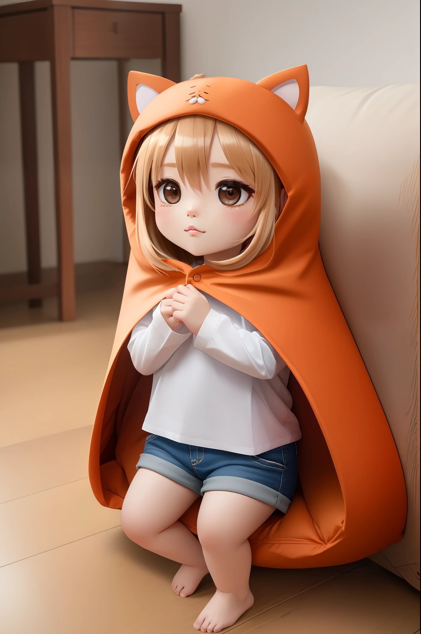 (8k, RAW photo, best quality, masterpiece:1.2),  doma umaru, hood, white shirt, shorts, indoor, (((chibi))), 
 cat pillow