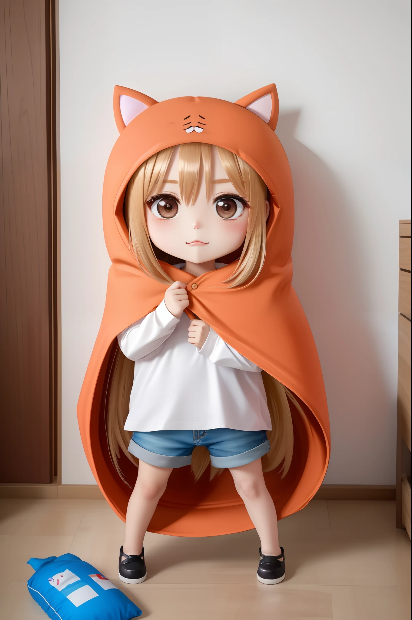 (8k, RAW photo, best quality, masterpiece:1.2),  doma umaru, hood, white shirt, shorts, indoor, (((chibi))), 
 cat pillow