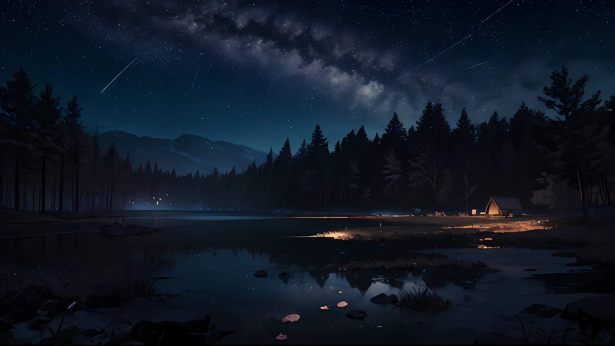 illustration, cartoon, soothing tones, calm colors, beautiful landscape, forest, lake, dark night, nabula, starry sky, shooting stars, 8k, best quality, by ilya kuvshinov, by makoto shinkai