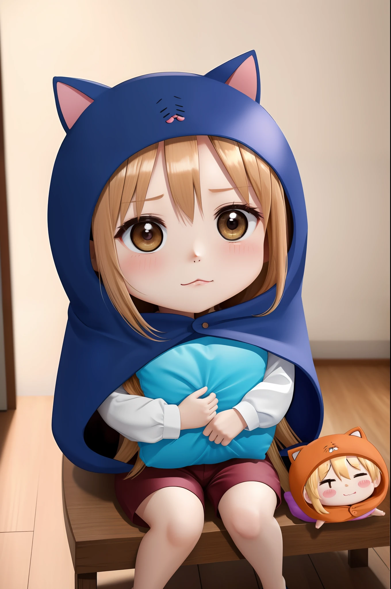 (8k, RAW photo, best quality, masterpiece:1.2),  doma umaru, hood, white shirt, shorts, indoor, (((chibi))), 
 cat pillow