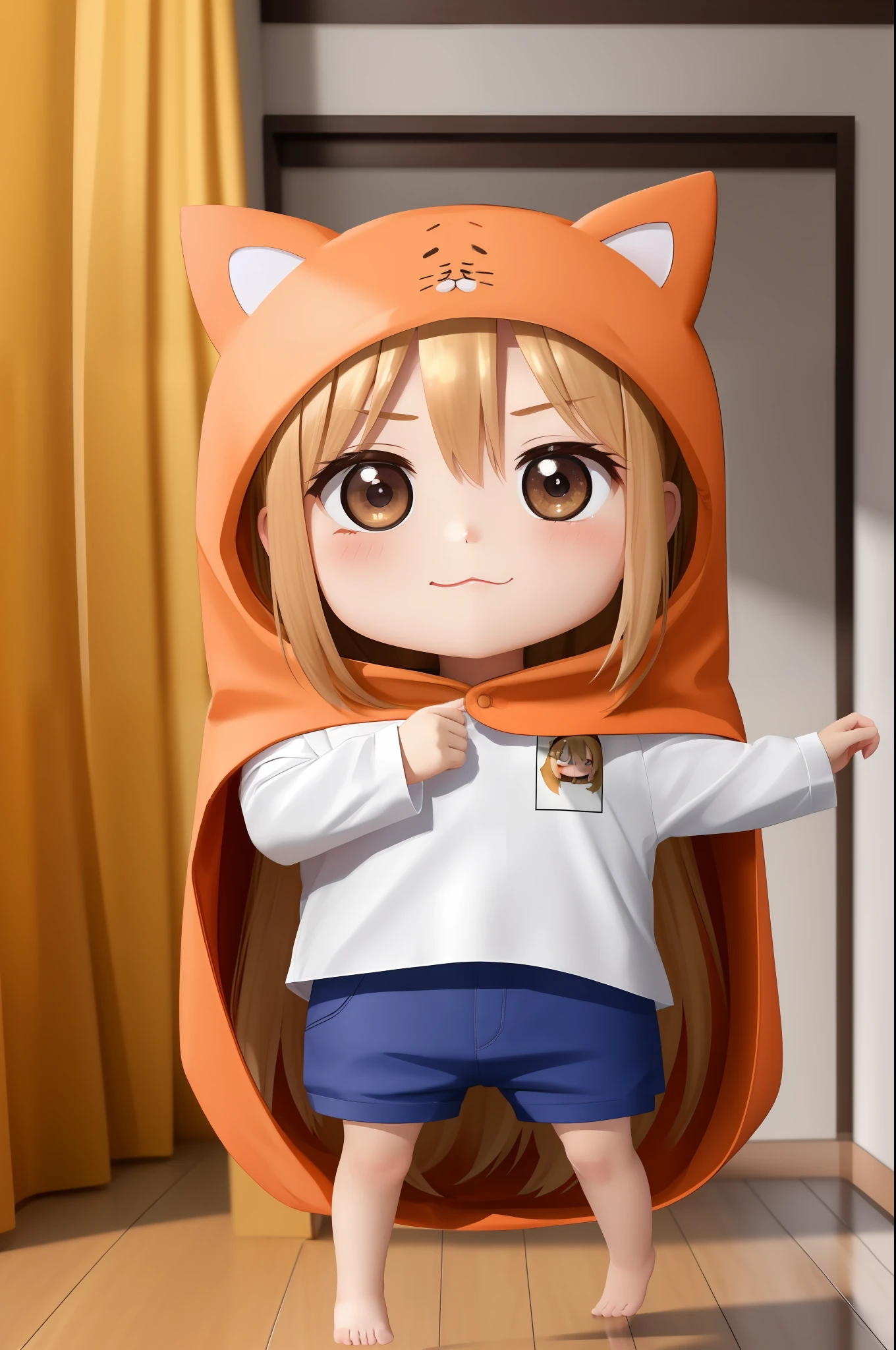 (8k, RAW photo, best quality, masterpiece:1.2),  doma umaru, hood, white shirt, shorts, indoor, (((chibi))), 
 cat pillow