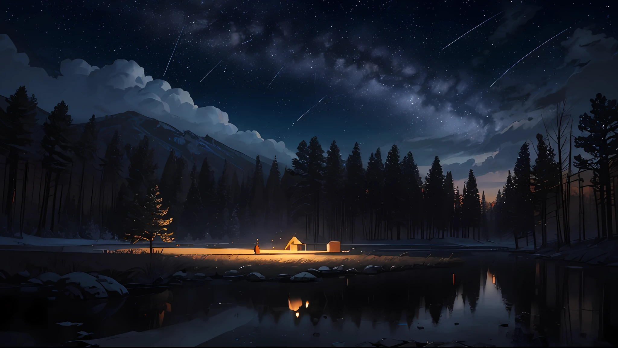 illustration, cartoon, soothing tones, calm colors, beautiful landscape, forest, lake, dark night, nabula, starry sky, shooting stars, 8k, best quality, by ilya kuvshinov, by makoto shinkai