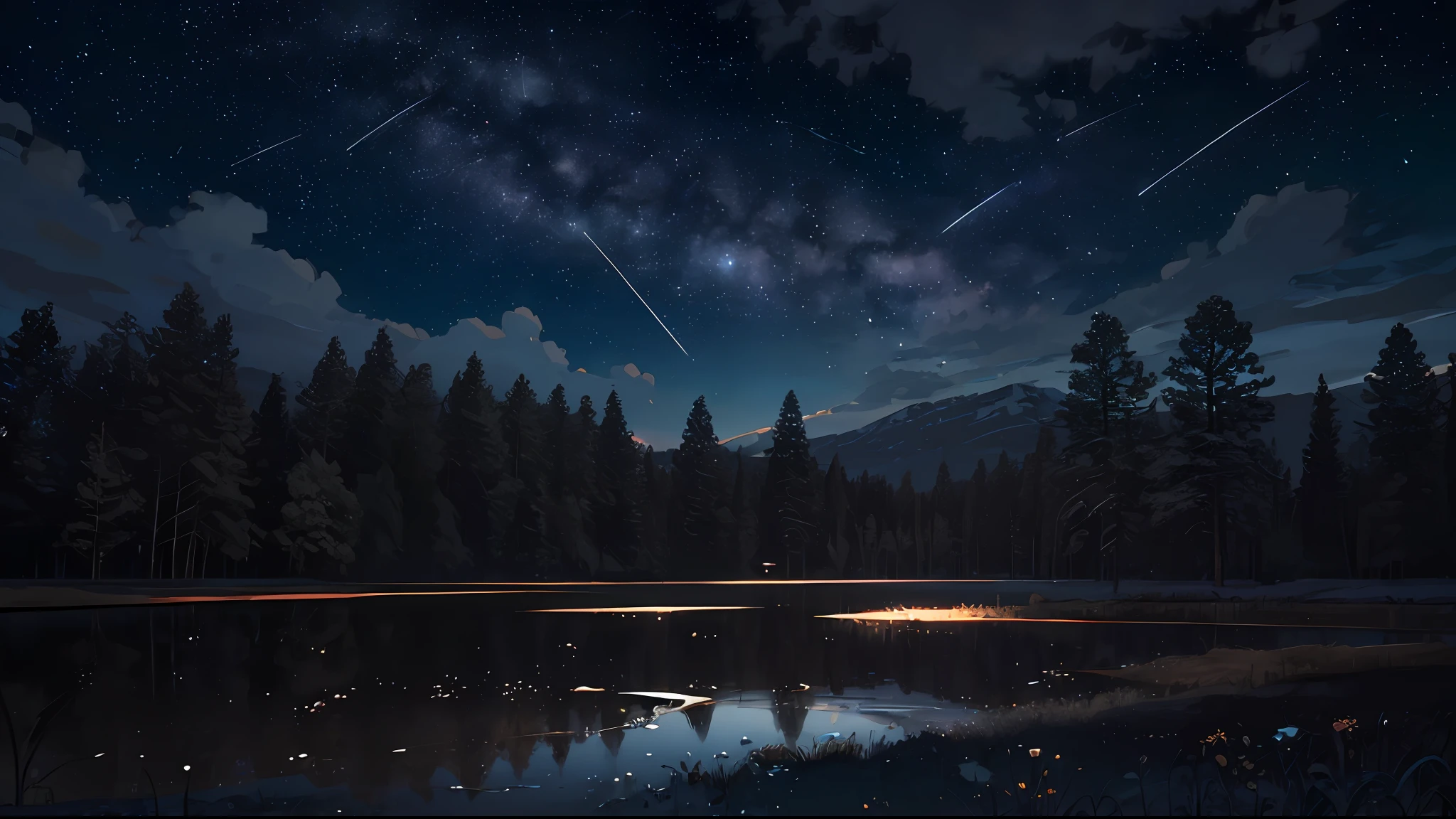 illustration, cartoon, soothing tones, calm colors, beautiful landscape, forest, lake, dark night, nabula, starry sky, shooting stars, 8k, best quality, by ilya kuvshinov, by makoto shinkai
