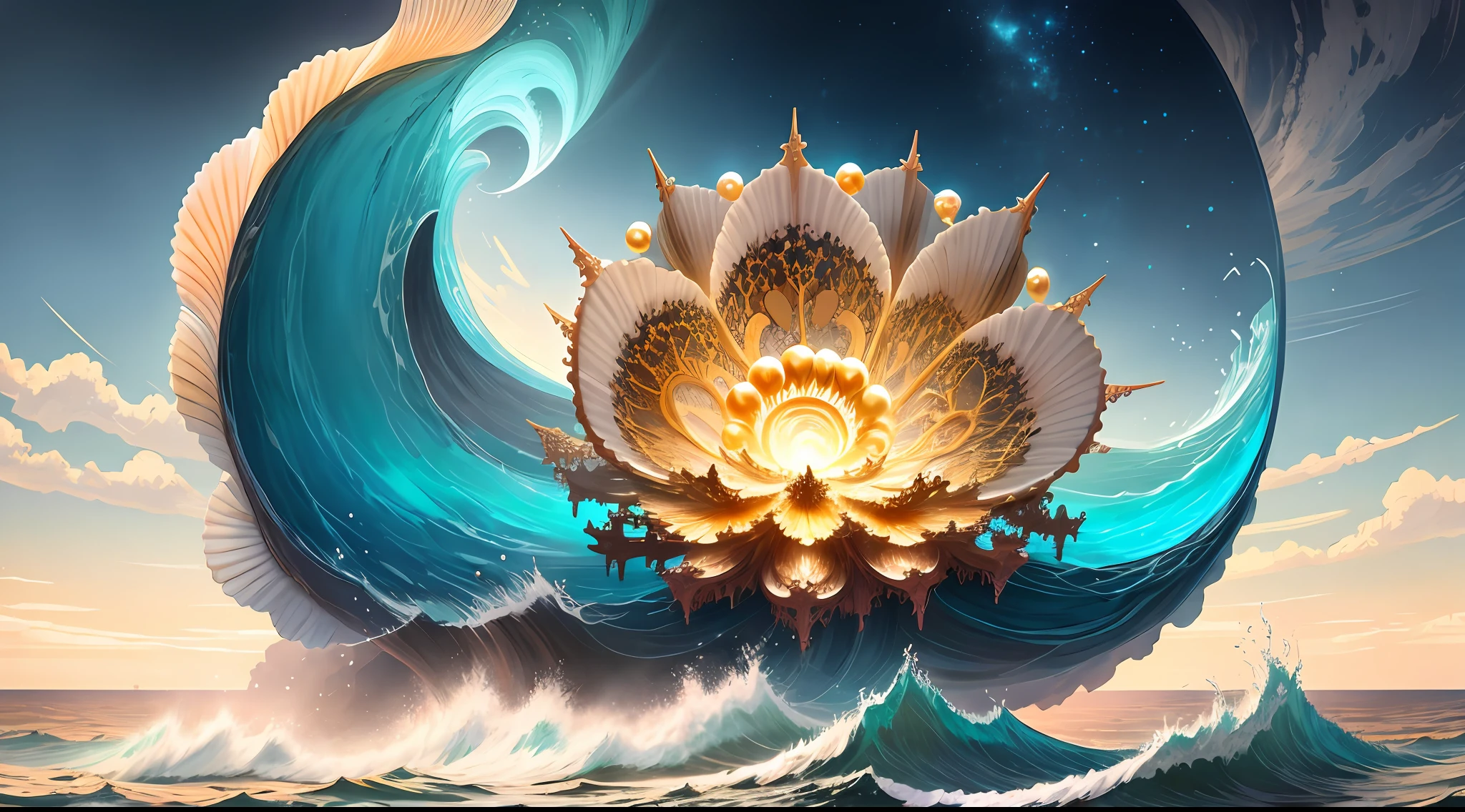 "Create a masterpiece of beautiful "giant ocean twisted Mandelbrot fractal shell, golden pearl nacre" with ultra-detailed concept art inspired. Unleash your inner Cu73Cre4ture programmer with the power of steady diffusion and bring your imagination to life! ", high detail, 8k