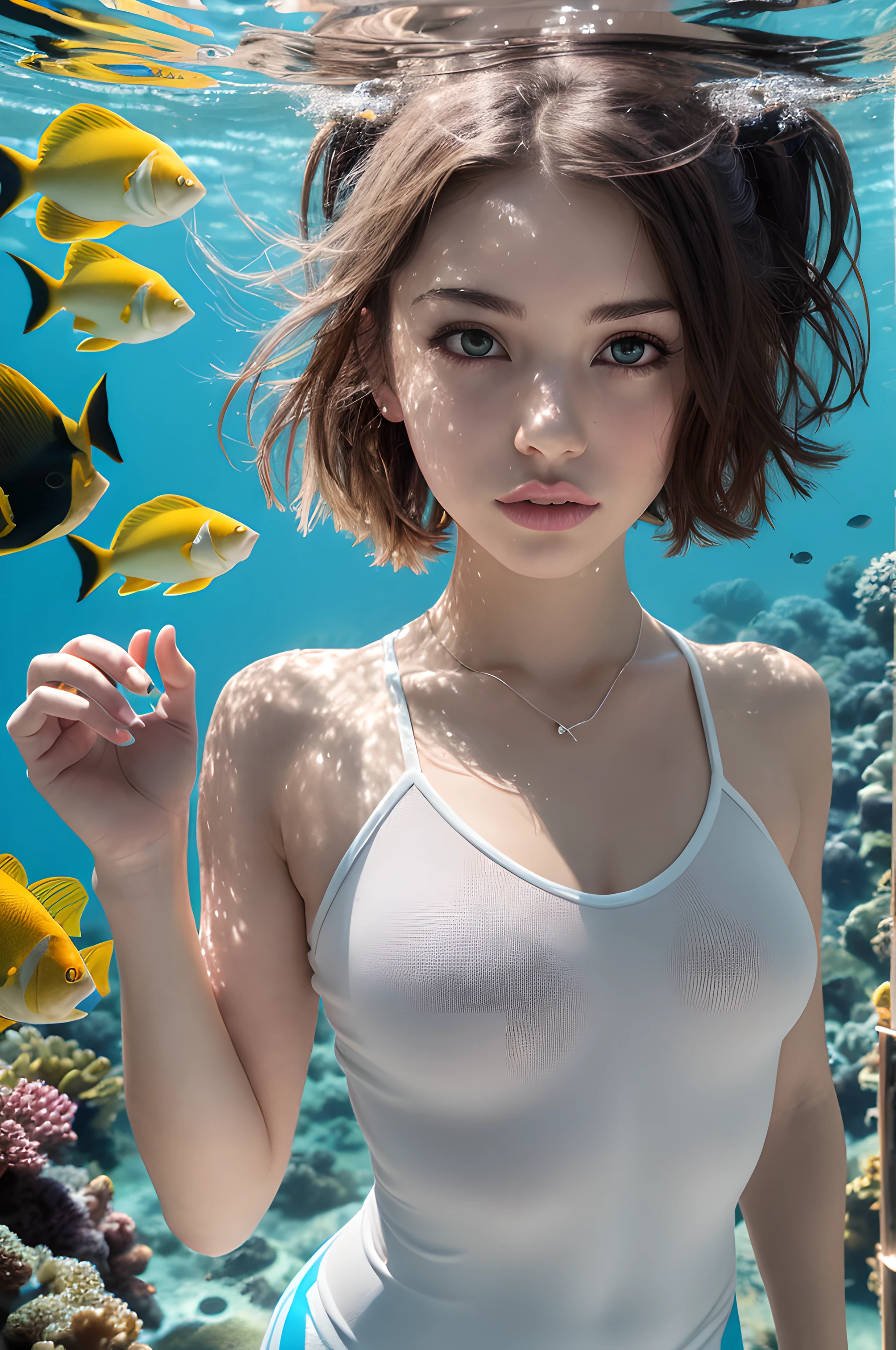 (masterpiece), (portrait), (aesthetic), (beautiful), (upper blody), (high quality), (aesthetic clothings), (professional angle), (rule of thirds), (Feminine), (woman), (female), (beautiful),(feminine features), (21 years), solo, 1 woman, (attractive British), Spring, (Underwater Bubbles), (Afternoon), (Subtle light), ((Exploring)), (Holding Camera Hands), ((Looking Upward Face)), ((Curious)), (Minimal Make-up), (Petite Bust), (Snorkel and Fins), ((Short Hair)), (Dark Blue Hair), (Straight Hair), (High Pony hair), (- in Hair), (Narrowed Eyes), (Green Eyes), (Playful Look), Fair skin, (hair loose), ((untied hair)), (Rash Guard), (-), (Dive Leggings ), (V-neck Neckline), ((Tropical Fish Surroundings background)), (Medium Shot Shot), beautiful hands, two hands, normal hands, two arms, complete hands, beautiful body, beautiful fingers, normal fingers, five fingers, five fingers, beautiful ears, normal ears, beautiful eyes, shiny eyes, beautiful mouth, beautiful lips,