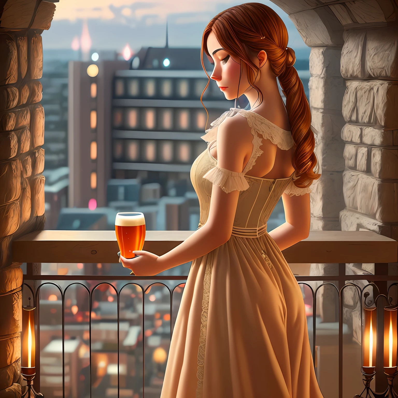 beautiful ginger women in detailed dress at cozy detailed hotel balcony, air above hair, IPA award wining, masterpiece, best lighting, art by top 10 artstation artist