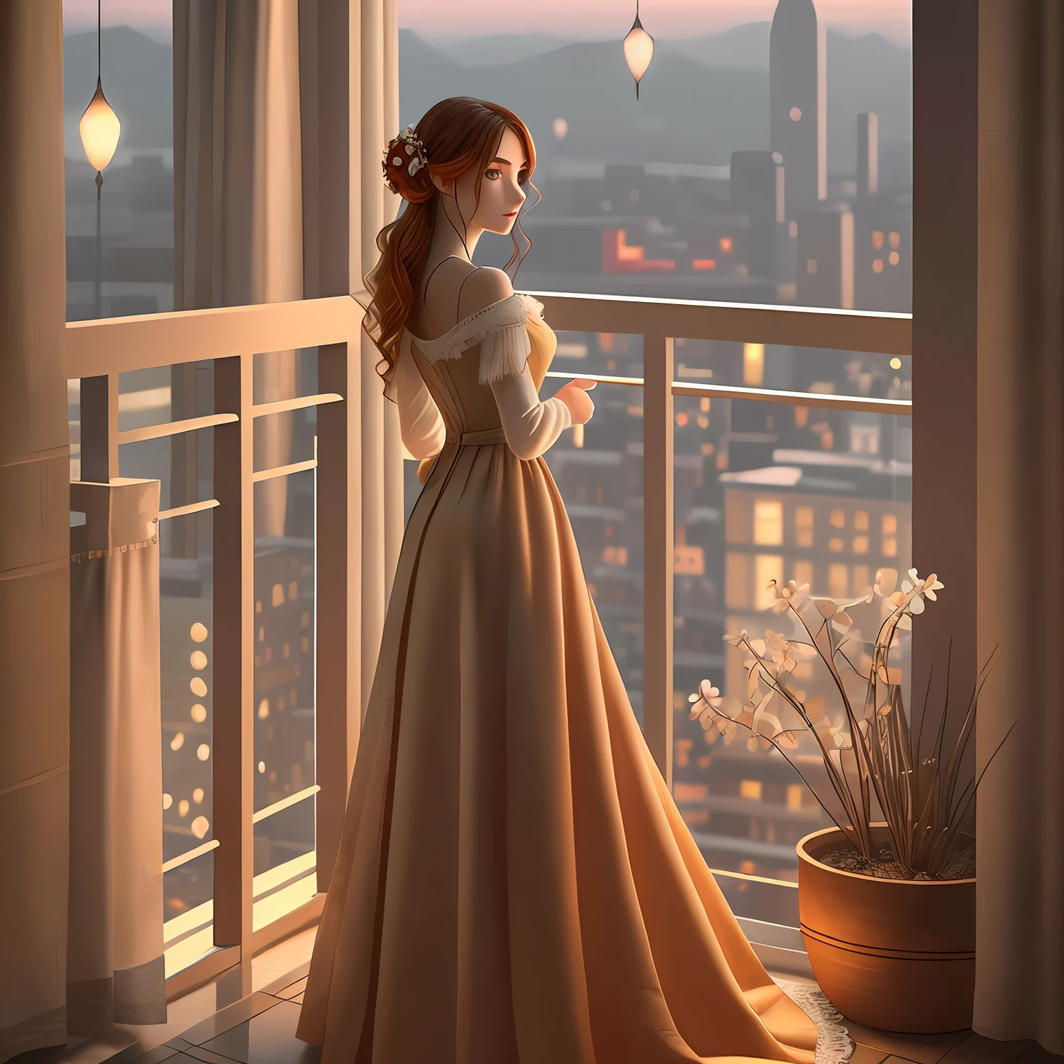 beautiful ginger women in detailed dress at cozy detailed hotel balcony, air above hair, IPA award wining, masterpiece, best lighting, art by top 10 artstation artist