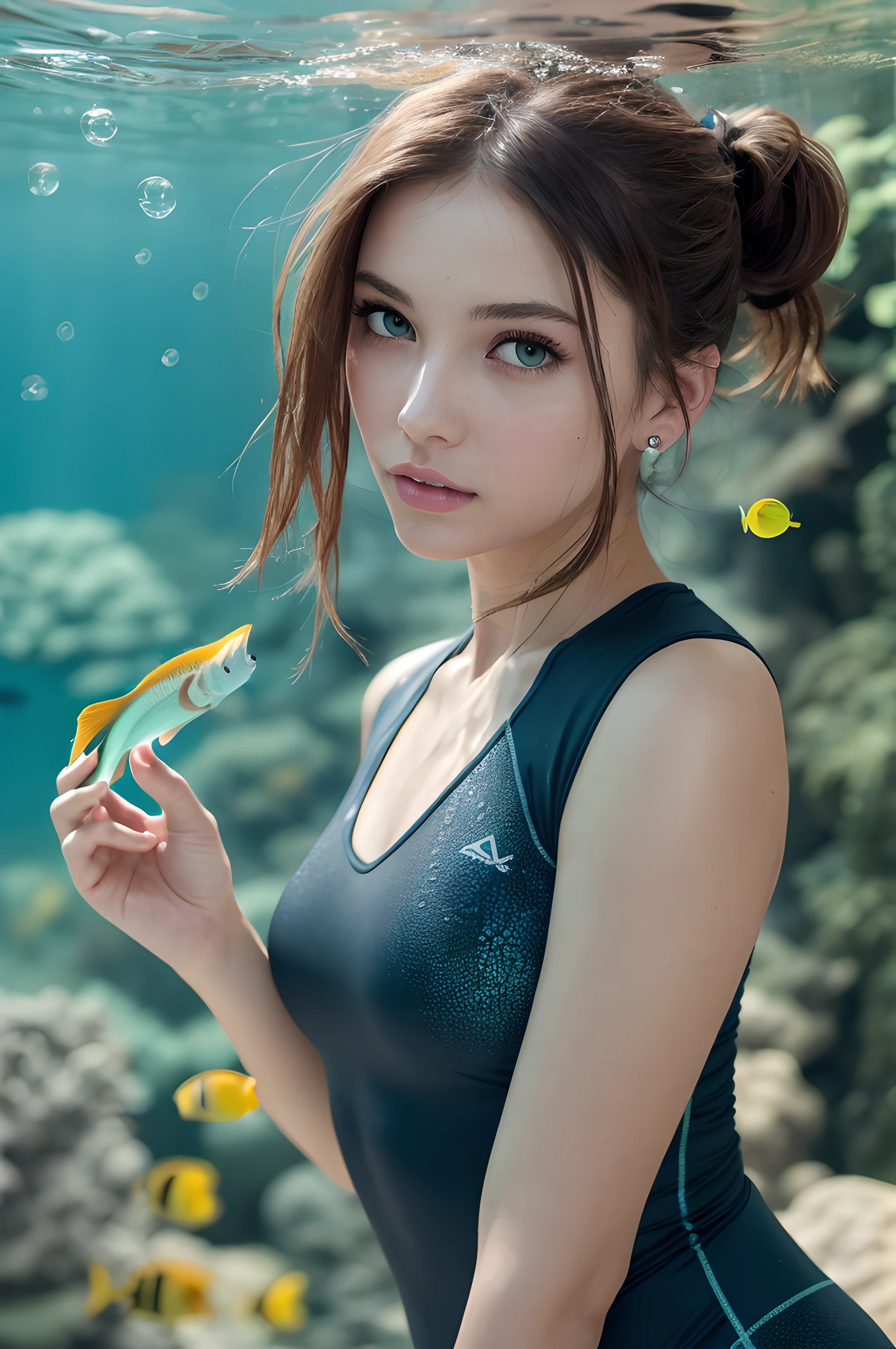 (masterpiece), (portrait), (aesthetic), (beautiful), (upper blody), (high quality), (aesthetic clothings), (professional angle), (rule of thirds), (Feminine), (woman), (female), (beautiful),(feminine features), (21 years), solo, 1 woman, (attractive British), Spring, (Underwater Bubbles), (Afternoon), (Subtle light), ((Exploring)), (Holding Camera Hands), ((Looking Upward Face)), ((Curious)), (Minimal Make-up), (Petite Bust), (Snorkel and Fins), ((Short Hair)), (Dark Blue Hair), (Straight Hair), (High Pony hair), (- in Hair), (Narrowed Eyes), (Green Eyes), (Playful Look), Fair skin, (- Clothing), (Rash Guard), (-), (Dive Leggings ), (V-neck Neckline), ((Tropical Fish Surroundings background)), (Medium Shot Shot), beautiful hands, two hands, normal hands, two arms, complete hands, beautiful body, beautiful fingers, normal fingers, five fingers, five fingers, beautiful ears, normal ears, beautiful eyes, shiny eyes, beautiful mouth, beautiful lips,