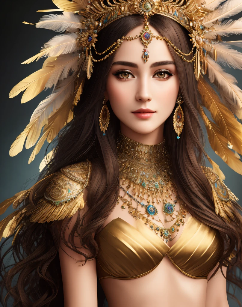 Masterpiece, absurdres, fine detail, HDR, highly detailed face and eyes, photorealistic,beautiful qcd_woman, a woman with a feather headdress and a dress ,perfect qcd_face, perfect qcd_body, face tattoo