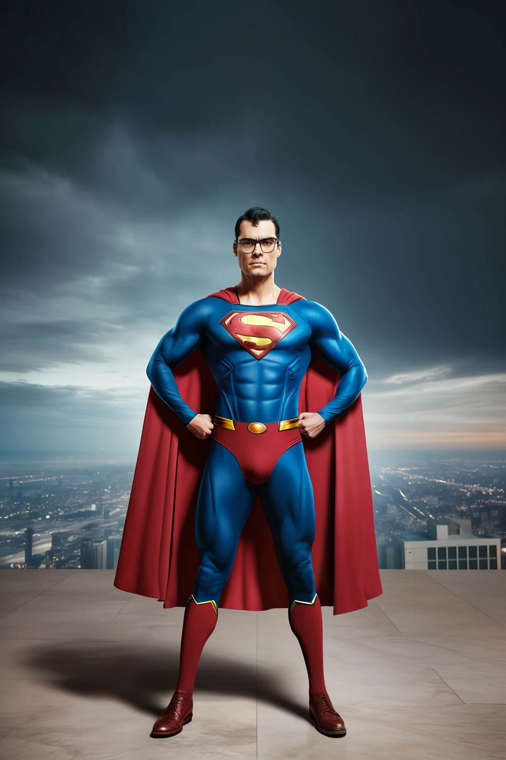 GuttonerdVision4, a 3-year-old boy wearing glasses, detailed skin, detailed face, pores, whole body in the scene, wearing Superman's uniform in the center of the image posing for the photographer. The outfit is detailed with its logo on its chest and red cape fluttering its back. The outfit is from the movie "Man of steel". The man is standing in mid-air with his cloak fluttering, having the city below him blurry. The lighting is cinematic, and the scene very detailed in UHD. Photorealism is the trend of this award-winning photography.