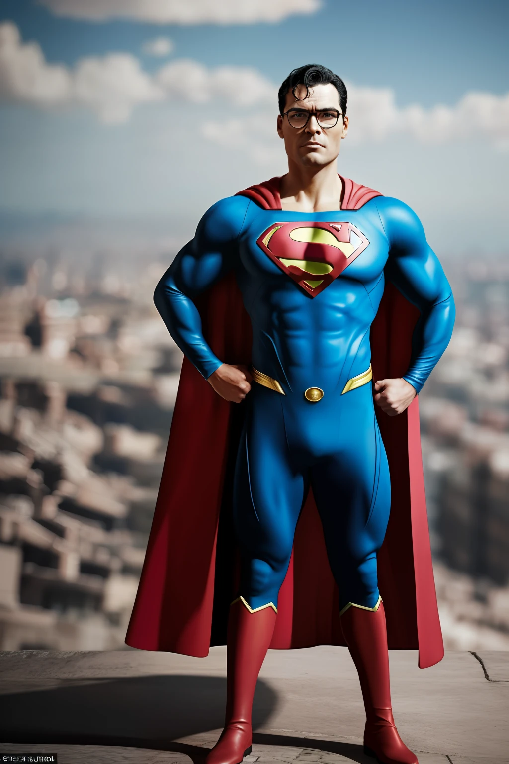 GuttonerdVision4, a 3-year-old boy wearing glasses, detailed skin, detailed face, pores, whole body in the scene, wearing Superman's uniform in the center of the image posing for the photographer. The outfit is detailed with its logo on its chest and red cape fluttering its back. The outfit is from the movie "Man of steel". The man is standing in mid-air with his cloak fluttering, having the city below him blurry. The lighting is cinematic, and the scene very detailed in UHD. Photorealism is the trend of this award-winning photography.