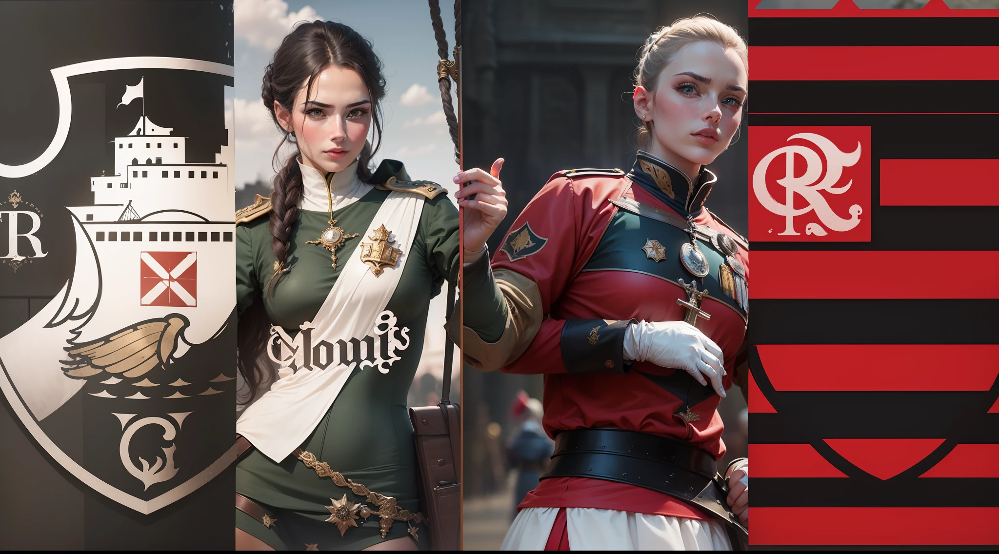 A version of two beautiful, charming women with perfect face, real, charming and medieval clothing and sexy monarchy style of female soldiers --auto