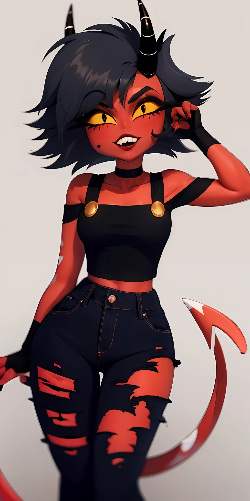 red skin, yellow sclera, black short hair, horns, black croptop, tail, elf ears, 1girl, millie, demon girl, black ripped jeans