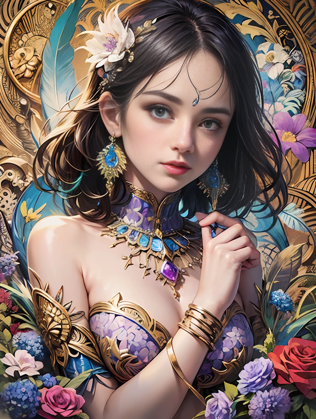 (masterpiece, top quality, best quality, official art, beautiful and aesthetic:1.2), (1girl:1.3), extremely detailed,(fractal art:1.1),(colorful:1.1)(flowers:1.3),highest detailed,(zentangle:1.2), (dynamic pose), (abstract background:1.3), (shiny skin), (many colors:1.4), ,(earrings:1.4), (feathers:1.4)