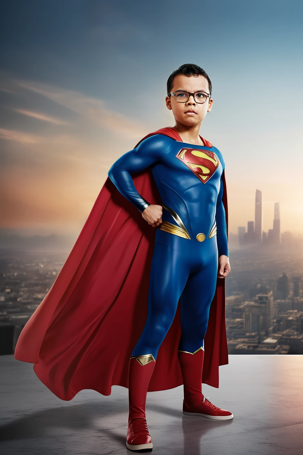 guttonerdvision4, a 3-year-old boy wearing glasses, detailed skin, detailed face, poros, whole body in the scene, wearing the Superman uniform in the center of the image posing for the photographer. The outfit is detailed with its logo on its chest and red cape fluttering its back. The outfit is from the movie "Man of steel". The boy is standing in mid-air with his cloak fluttering, having the city below him blurry. The lighting is cinematic, and the scene very detailed in UHD. Photorealism is the trend of this award-winning photography.