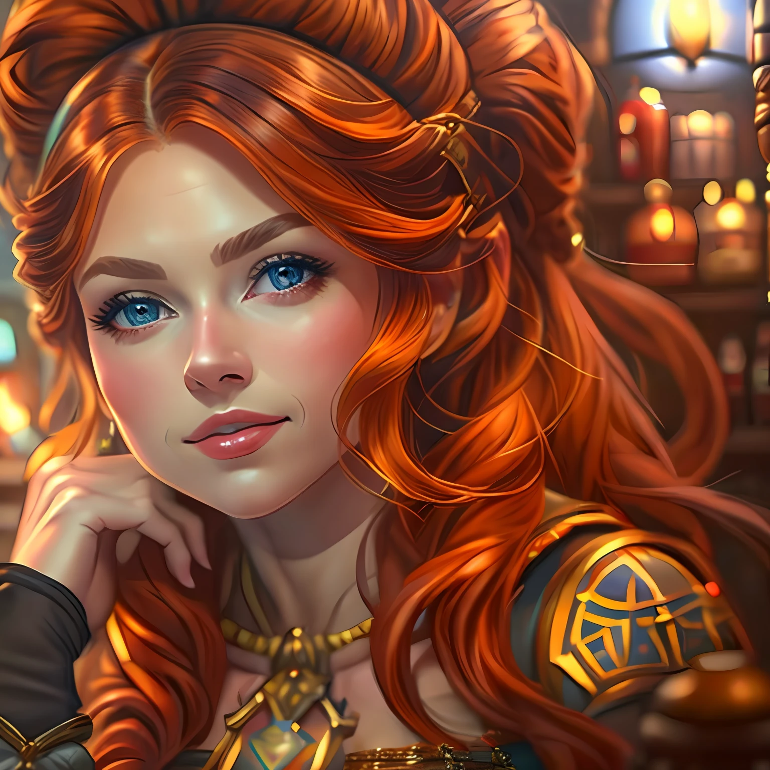 beautiful ginger women in detailed dress at cozy detailed potions shop, air above hair, IPA award wining, masterpiece