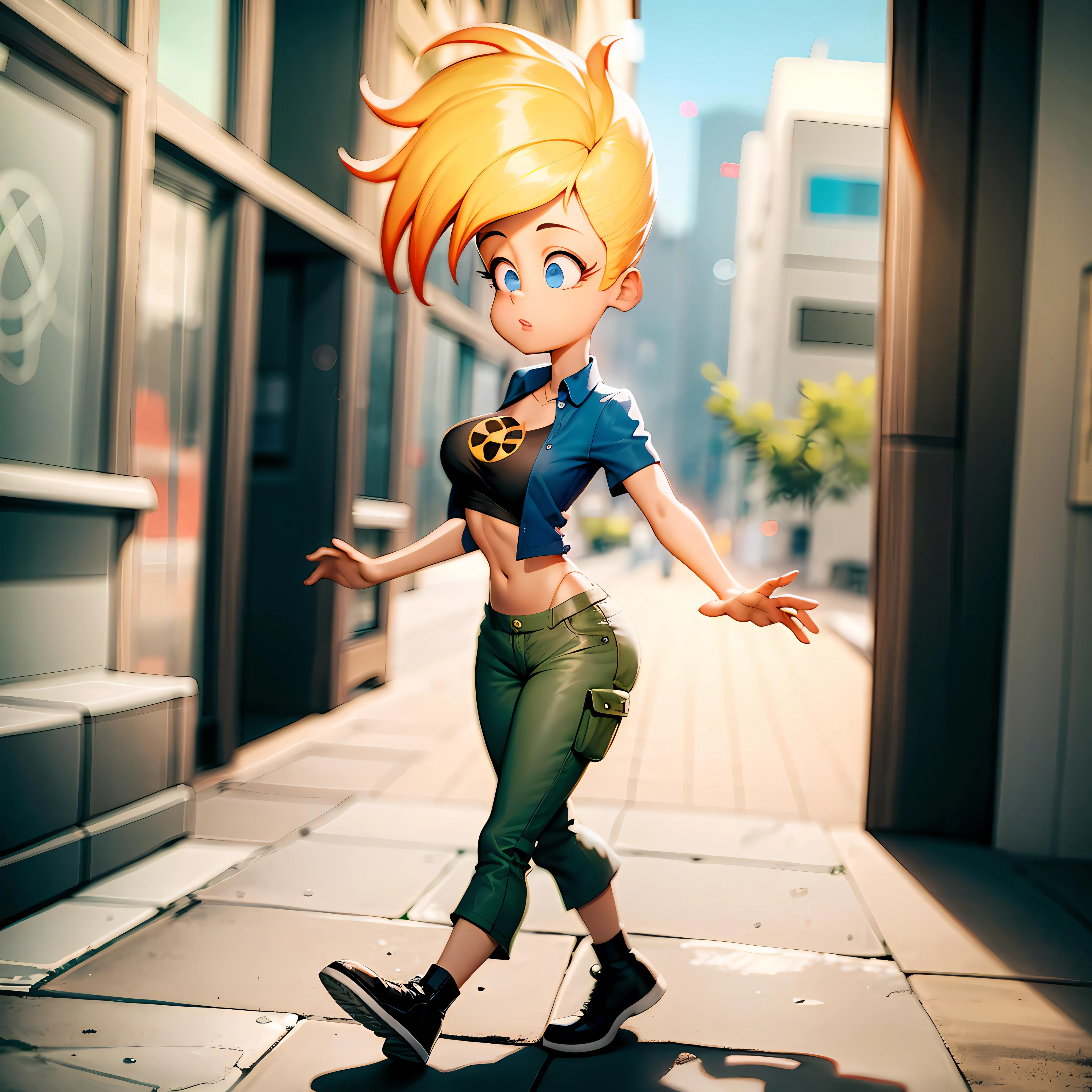 ((masterpiece, best quality)),(complex light),1girl, solo, full body, jenny test,blonde hair,blue eyes, pants, midriff, black shirt, open shirt, short hair,  walking,