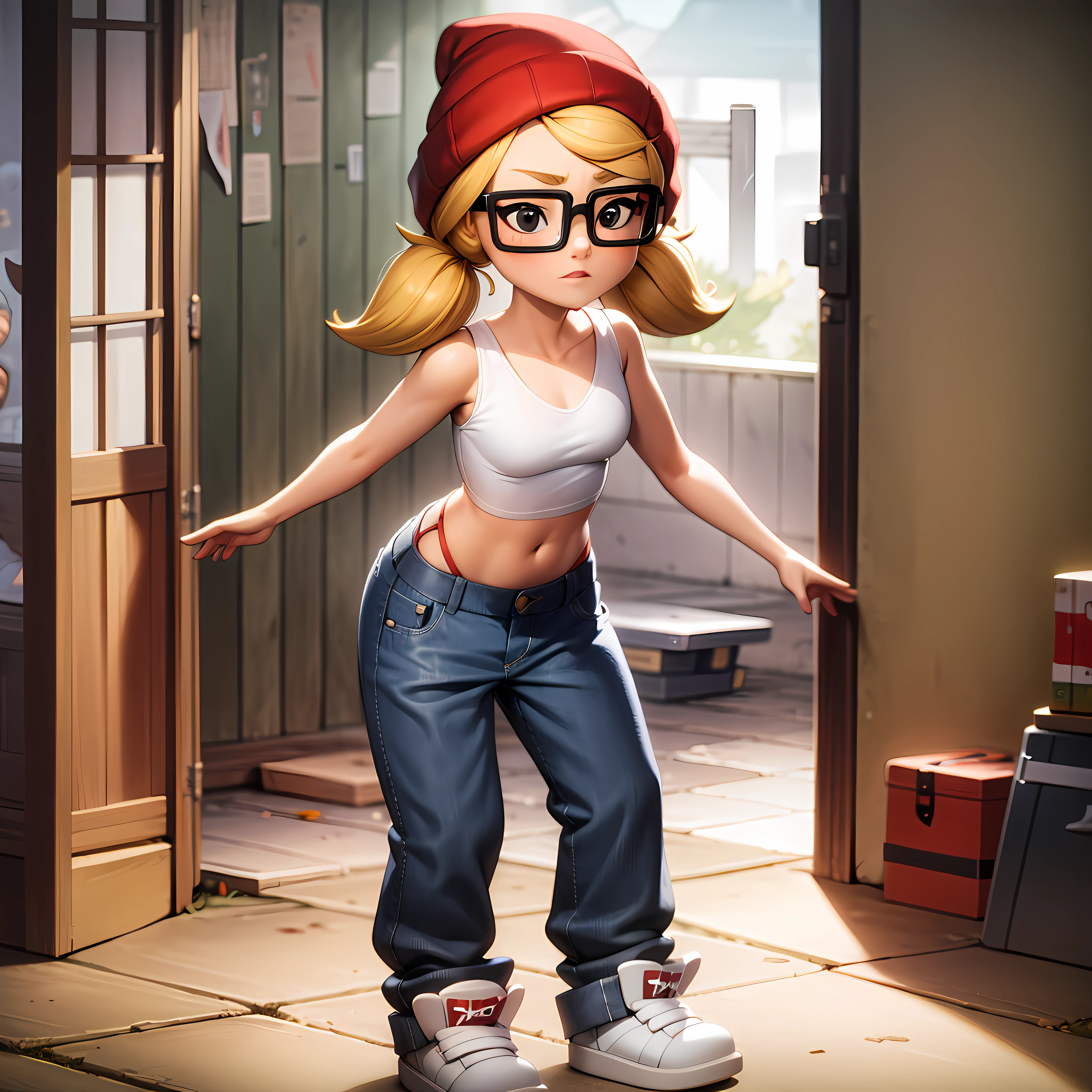 ((masterpiece, best quality)),(complex light),1girl,full body, solo, tricky, blonde hair, glasses, red beanie, white crop top, jeans, low twintails, sagging pants,