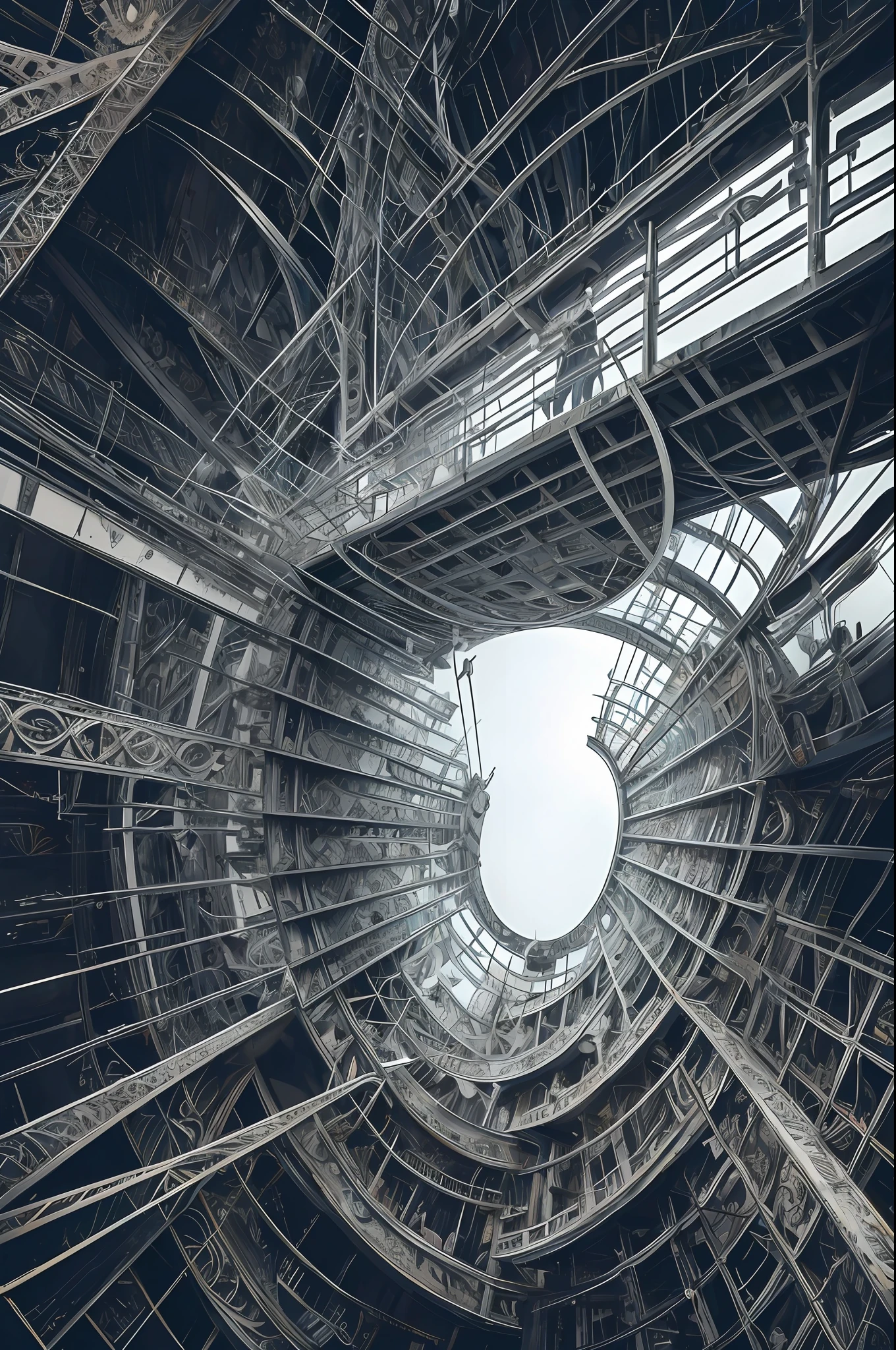conceptual art, M.C Escher + Architectural Art + Pierre Verger's b/w photography / fusion of style / A collapsed clock, whose twisted gears fuse with human bones, marks time in a universe where the present, past and future are intertwined in a turbulent reality. / mystical and spiritual atmosphere / Snakes around the hands / dark tones / supernatural / macro lens / surreal juxtapositions / Lovecraft / cosmic horror, 90s horror--air 1080:1350 --c 12
