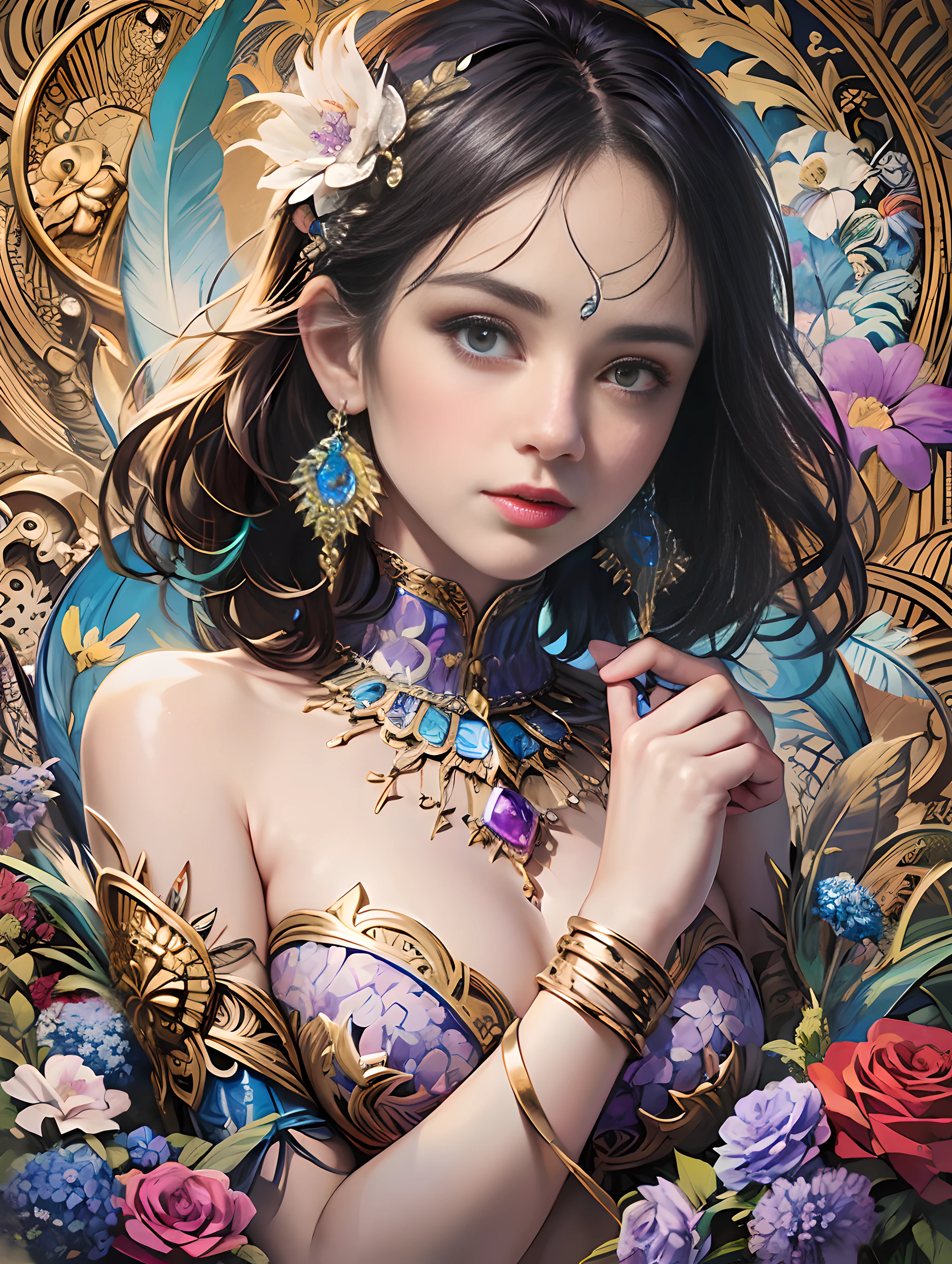 (masterpiece, top quality, best quality, official art, beautiful and aesthetic:1.2), (1girl:1.3), extremely detailed,(fractal art:1.1),(colorful:1.1)(flowers:1.3),highest detailed,(zentangle:1.2), (dynamic pose), (abstract background:1.3),  (shiny skin), (many colors:1.4), ,(earrings:1.4),  (feathers:1.4)