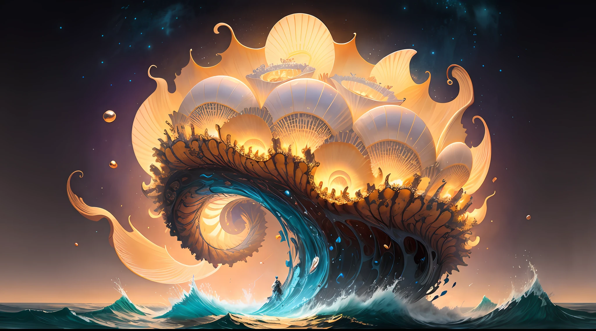 "Create a masterpiece of beautiful "giant ocean twisted Mandelbrot fractal shell, golden pearl nacre" with ultra-detailed concept art inspired. Unleash your inner Cu73Cre4ture programmer with the power of steady diffusion and bring your imagination to life! ", high detail, 8k