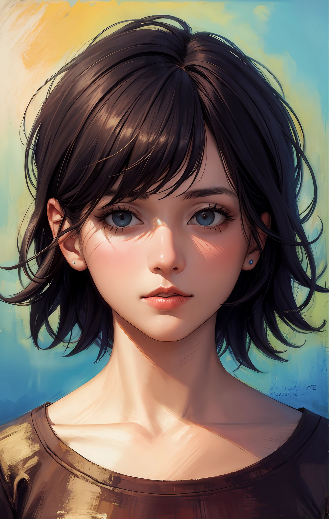 upper body portrait, photography, realism, horror style, beautiful face like a goddess, short bob hair, random hair color, Claude Monet, oil painting, rough touch, rough lines in motion, illustration, colorful, high resolution, high quality