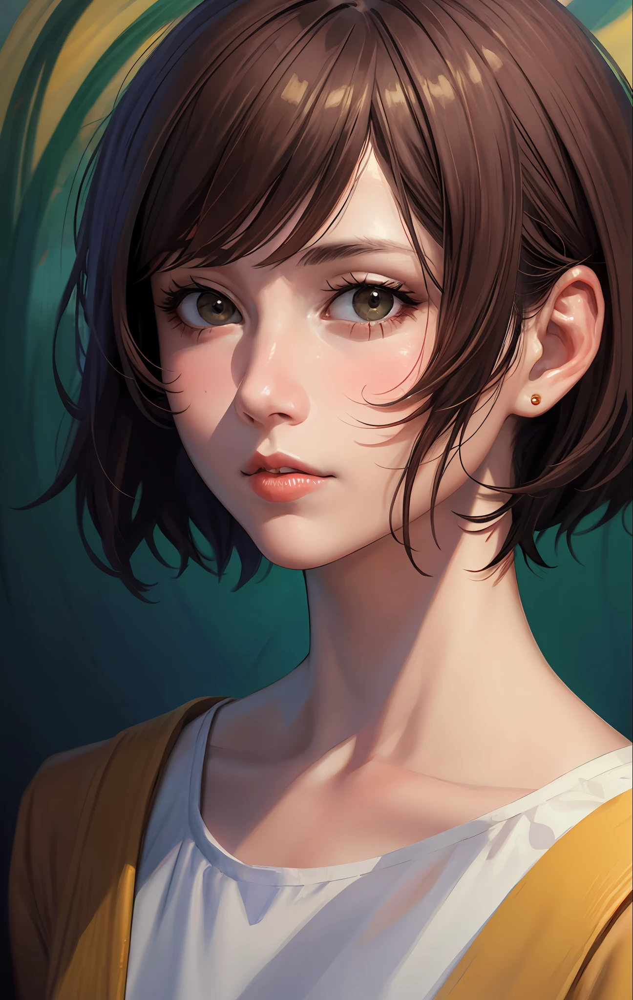 upper body portrait, photography, realism, horror style, beautiful face like a goddess, short bob hair, random hair color, Claude Monet, oil painting, rough touch, rough lines in motion, illustration, colorful, high resolution, high quality