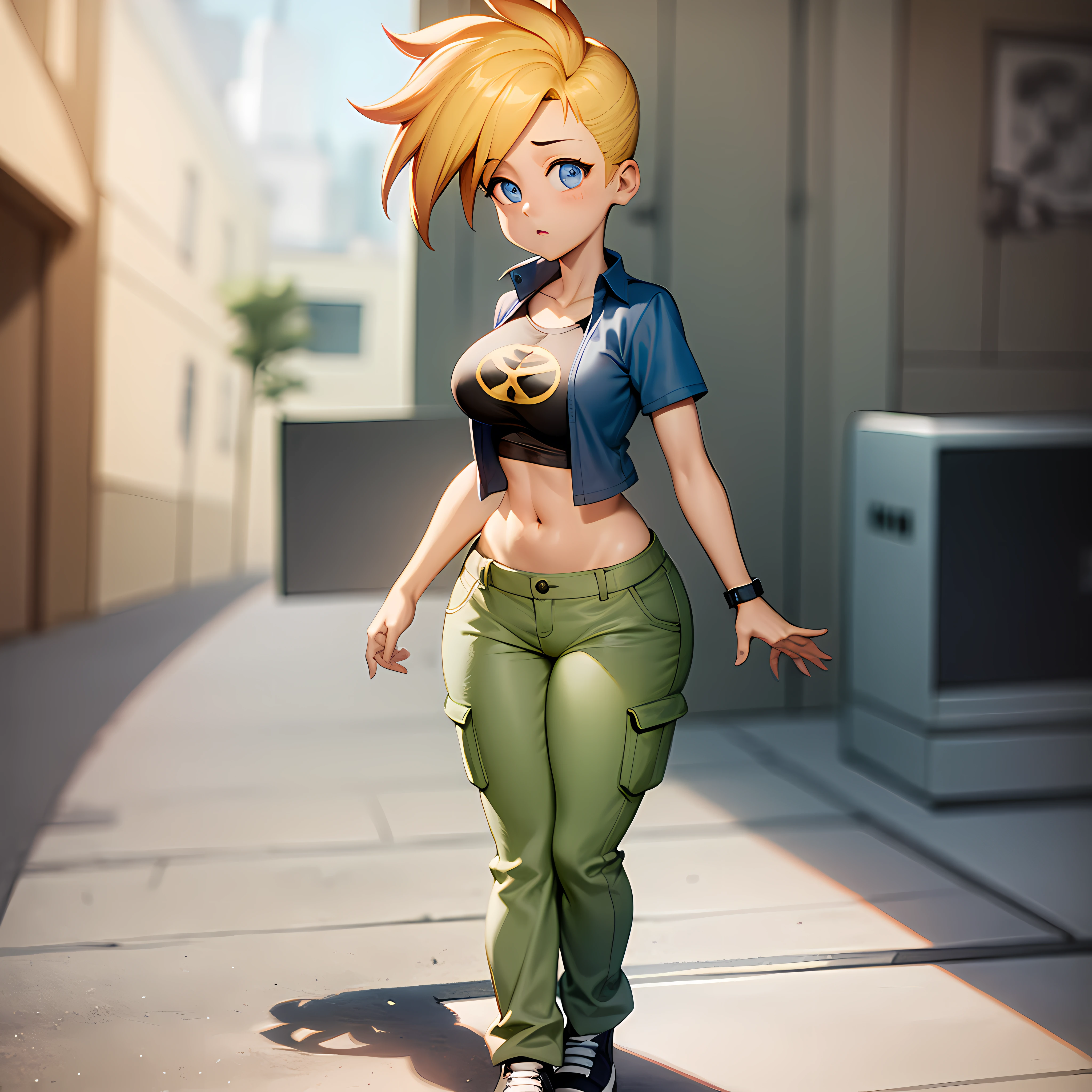 ((masterpiece, best quality)),(complex light),1girl, solo, full body, jenny test,  blonde hair,blue eyes, pants, walking, midriff, open shirt, tank top, short hair, short sleeves shirt,