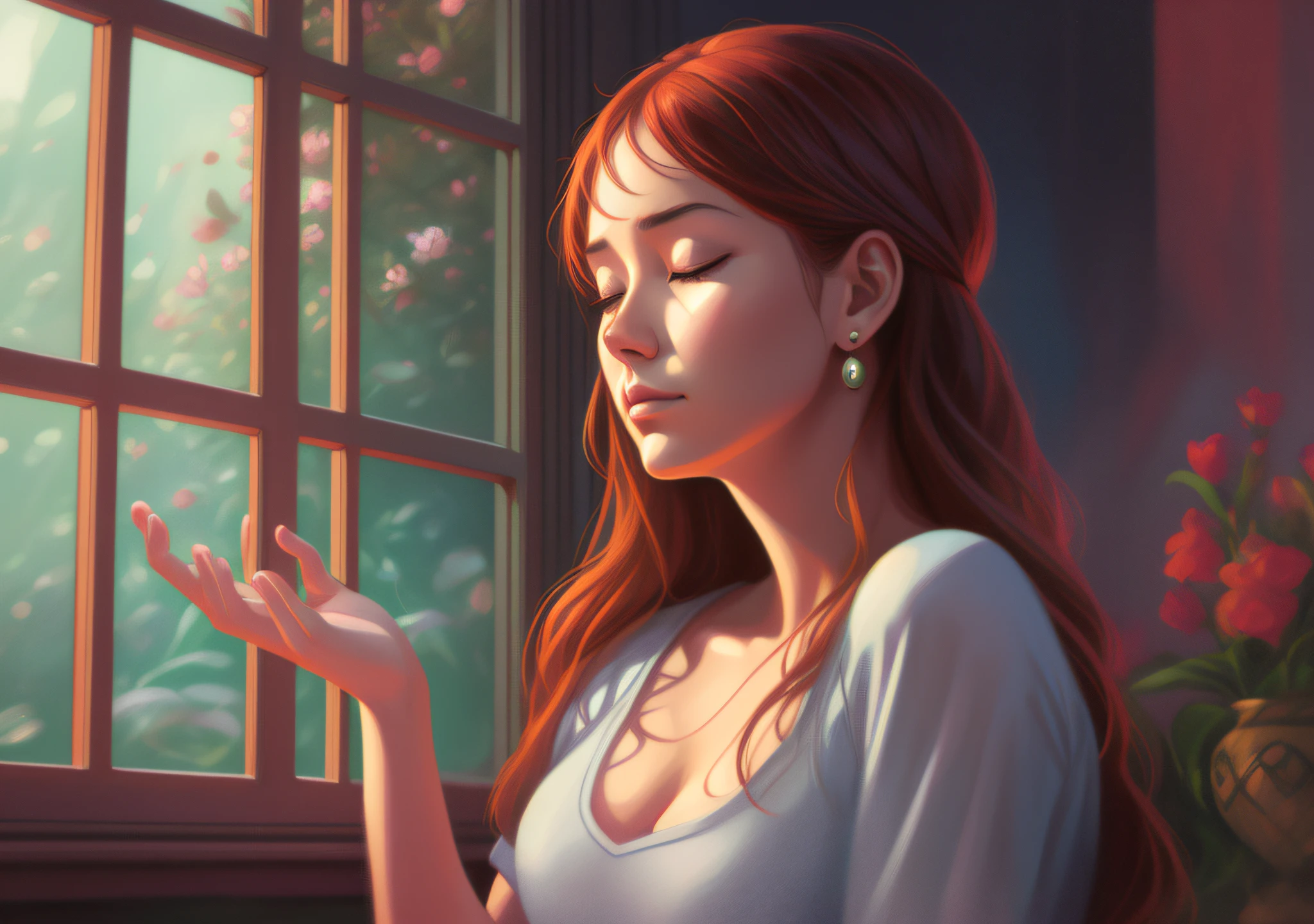 sad woman, looking out the window, meditating, photorealistic Disney, beautiful digital illustration, beautiful digital art, highly detailed 4K digital art, detailed fanart, fan art, 4K detailed digital art, exquisite highly detailed fanart, Martin Ansin art portrait, Disney realistic photo, beautiful character painting, realistic fantasy illustration, Disney art style