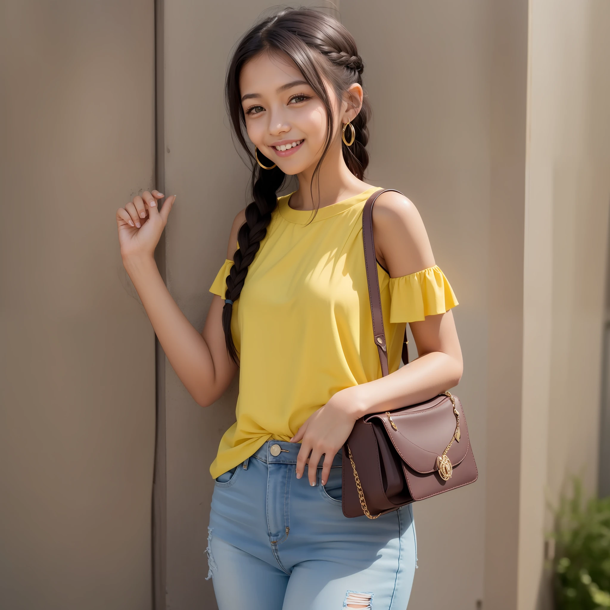 Girl yellow blouse Jeans A twisted braid Slightly darker skin Big eyes Smile shoulder bag