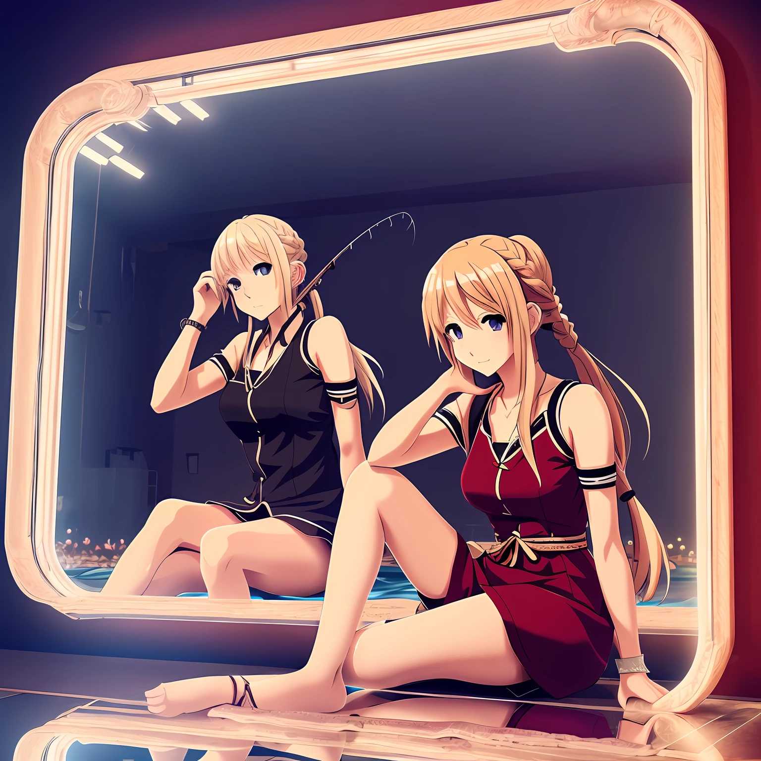 blonde hair, fishing eyes,, red eyes, red lips,((Japan anime)),2d glow, uhd, retina, masterpiece, ccurate, ccurate,high detail, high quality, award-winning, best quality, high definition, braid, (juvenile), ((full body reflected)), sitting, crying, laughing, sitting on bench